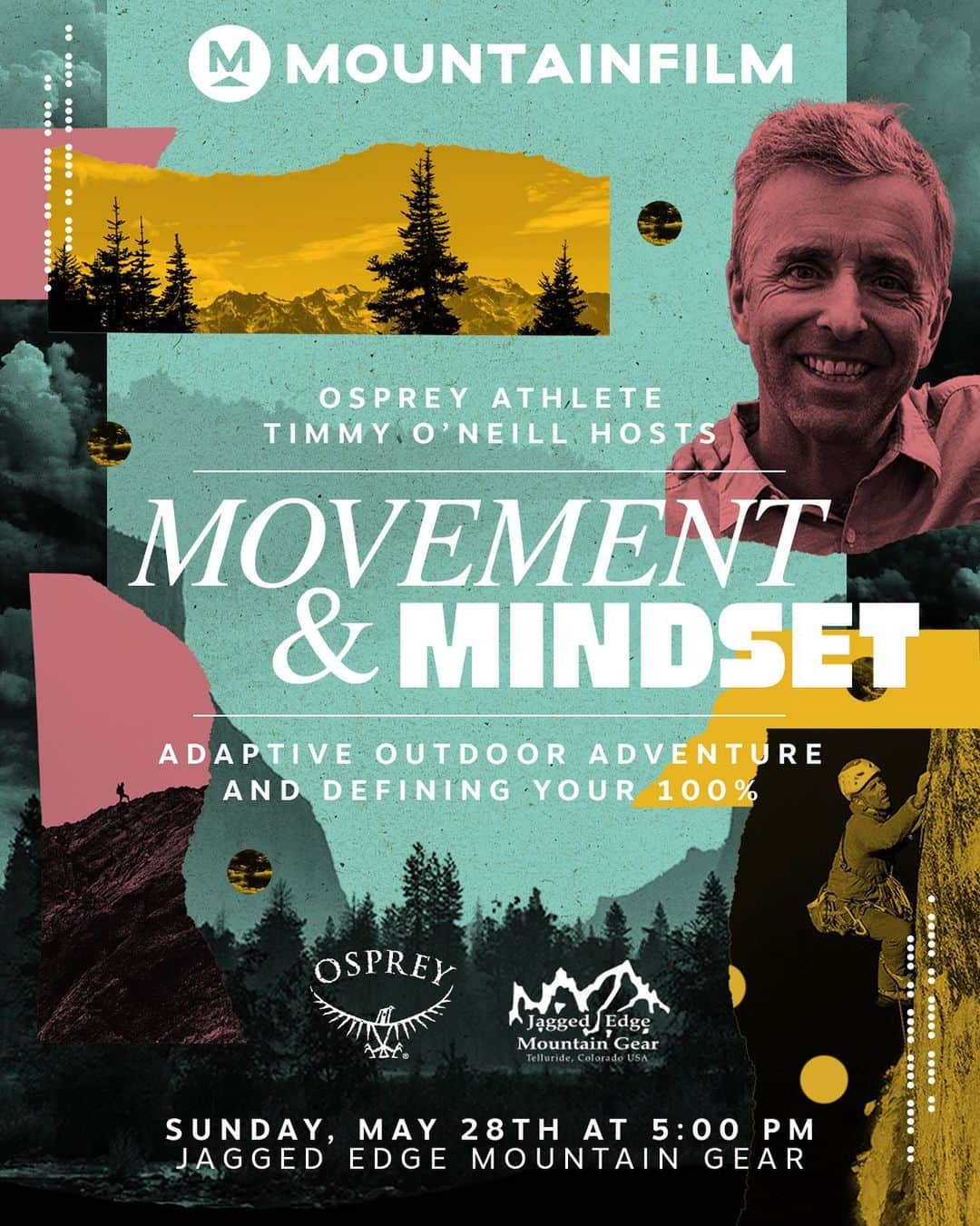 オスプレーのインスタグラム：「Climber and filmmaker Timmy O'Neill hosts a conversation with adaptive athletes, adventurers and film stars André Kajlich (No Legs. All Heart.), Trevor Kennison (Full Circle), Erik Weihenmayer (Soundscape) and Caleb Swanepoel (And yet, I remain.) about being survivors, the joy and challenges of adaptive sports and being leaders for the disabled community. Join us on Sunday at this years @mountainfilm for a panel discussion at @jagged_edge_mountain_gear .   #OspreyPacks #OspreyAthlete」