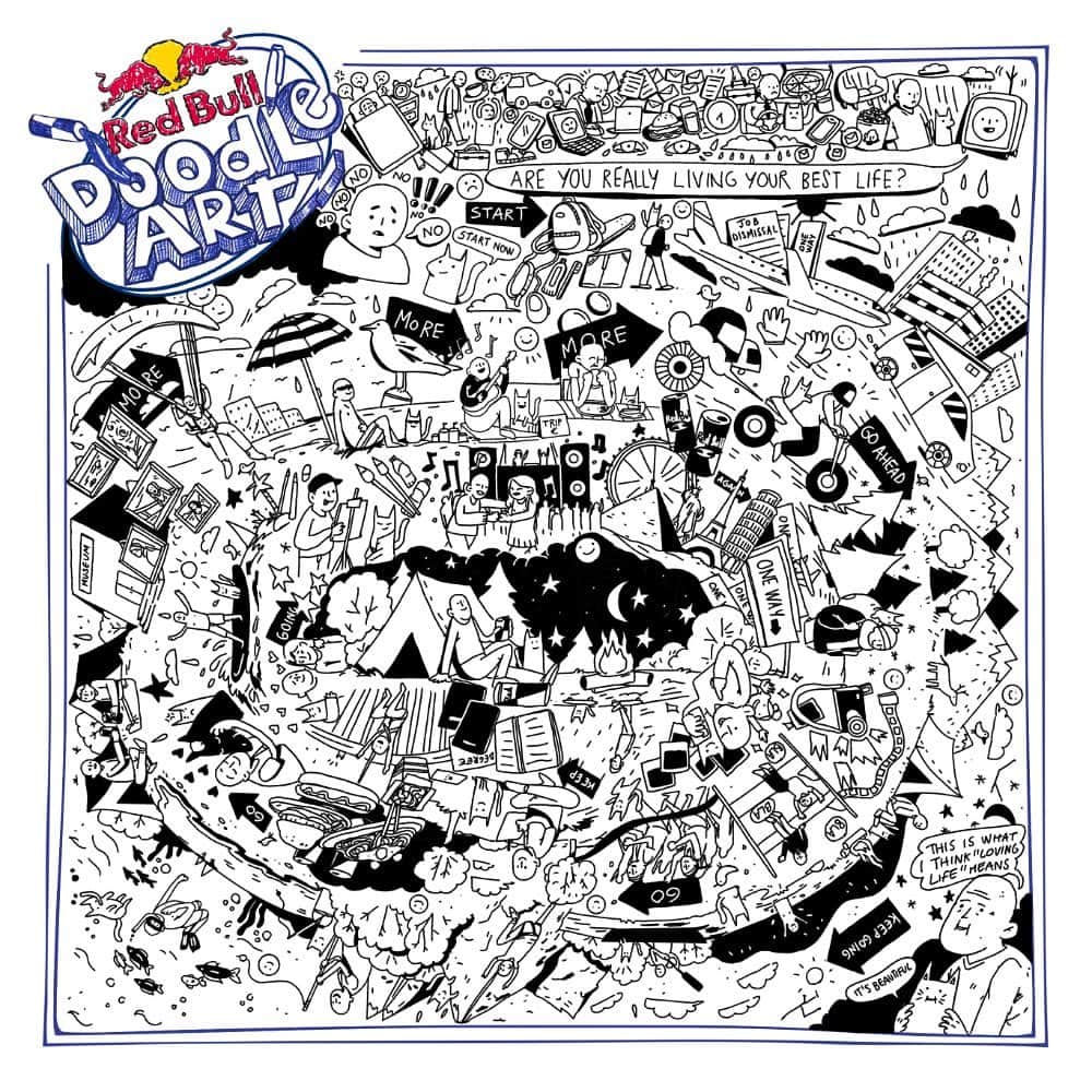 のインスタグラム：「out of a whopping 120,000 submissions, we've narrowed down to one Red Bull Doodle Art winner - and HERE👏SHE👏IS👏 @fumettinitristini    we've also selected some really amazing ones so you can have a taste of how insane these artists are. let's show 'em some love 🔥🎨👇  #redbull #givesyouwiiings #redbulldoodleart #doodle #art #competition」