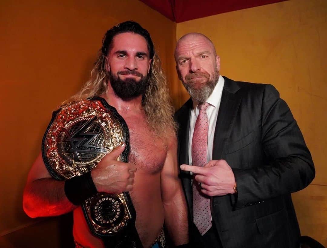トリプルHのインスタグラム：「History made. An incredible “Freakin” match to kick off an epic #WWENOC. Congratulations to your new World Heavyweight Champion @wwerollins.」