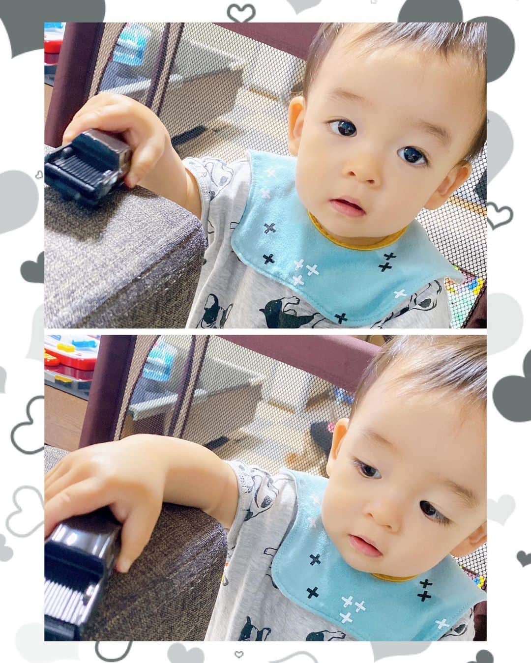 山上紗和 のインスタグラム：「今日も🚗³₃  毎日毎日押し車、三輪車、ミニカー👶  お兄ちゃんとは好みが全然違う😂  そして、やっと歩き始めましたー🙌✨  #タレ目 #1歳 #👶」