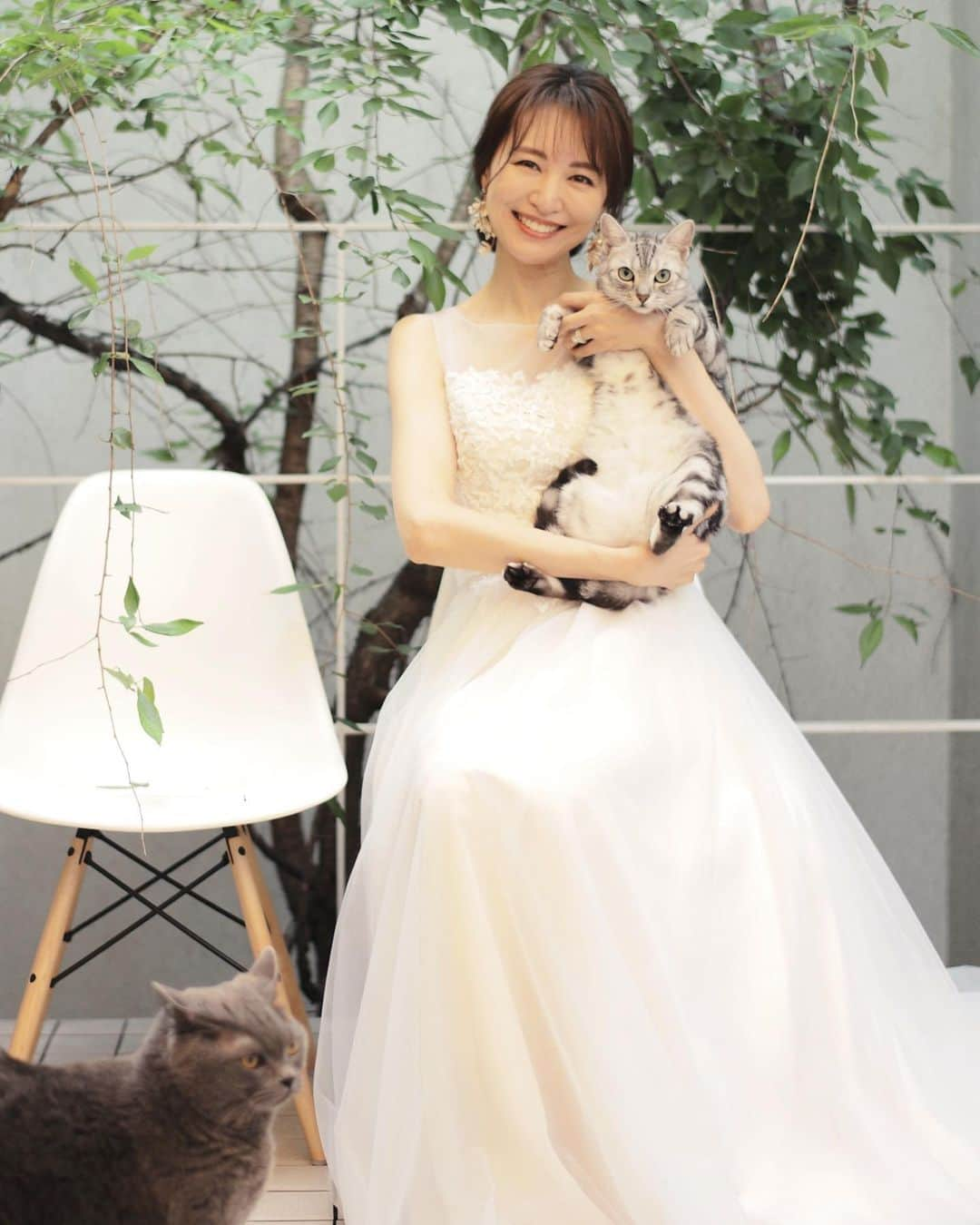 園原ゆかりのインスタグラム：「👰 #wedding  #weddingdress  #weddingphotography  #weddingwithcats  #猫の虎吉 #猫とウェディングフォト  #ウェディングドレス  #ウェディングフォト  #自宅ウェディングフォト  先日、ベランダで 🐯と🦭と 記念撮影しました  とても良い思い出になりました ♡ 季節も最高で お天気も味方してくれて  ２匹とも可愛く撮れたし  幸せ  パーティーをする予定でいたので それまではドレス解禁できず笑」