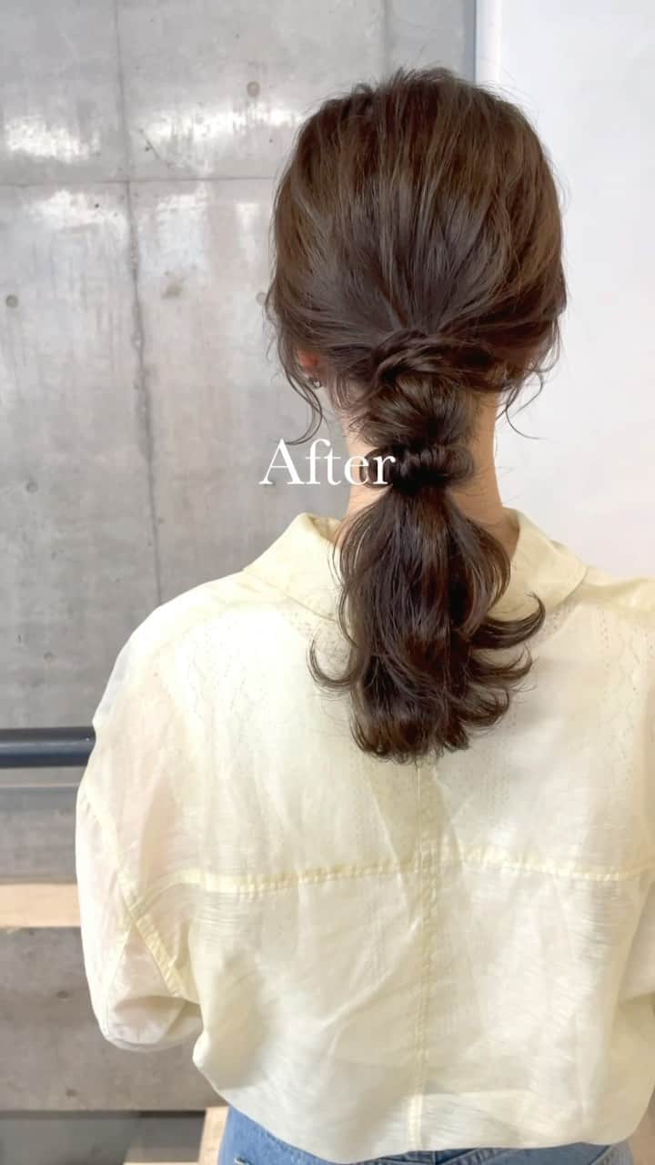 吉田達弥のインスタグラム：「お客様 Before After ✨  cut ✂︎ 伸ばし中なので毛量と毛先を調整して 前髪はシースルーバングにしました✂︎  color 夏に向けて赤みを取って透明感を出したいので シアーミントベージュで染めました🍃  hair arrange これからデートなので 彼氏さんに褒められるポニーテールアレンジにしました👏✨  #ヘアアレンジ　#カット　#ヘアカラーベージュ  #ミントカラー  #レイヤーカットロング  #おくれ毛　#編み下ろし  #ヘアアクセサリー」
