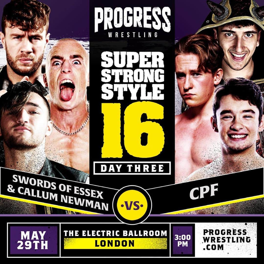 ウィル・オスプレイのインスタグラム：「🚨 SUPER STRONG STYLE 16 - DAY 3  ‼️It’s official!   ⚔️ Swords Of Essex & Callum Newman VS CPF  🎟️ Get your tickets here: bit.ly/PROTIX1  #PROGRESSWrestling #SSS16」
