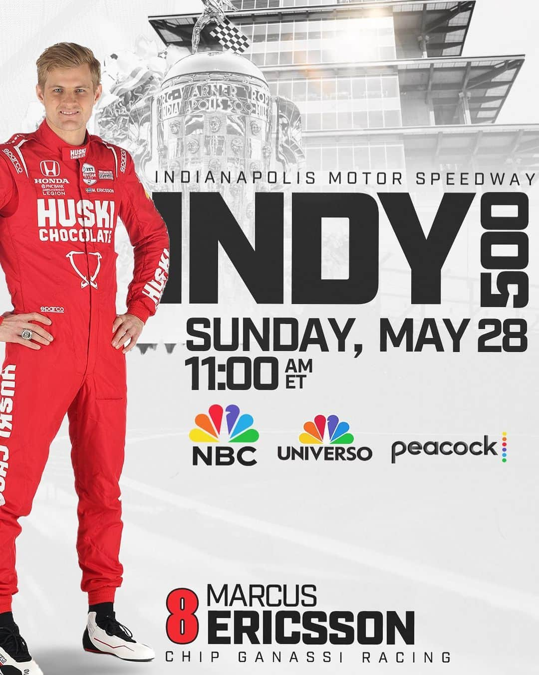 マーカス・エリクソンのインスタグラム：「It’s the biggest and best race day of the year today! The Greatest Spectacle in Racing is here. Starting from P10. Time to go back 2 back 👊🏻💯 #ME8 #INDY500   @huskiicespritz  @chipganassiracing  @hondaracing_hpd  @theamericanlegion  @ridgelinelubricants  #Bryant」