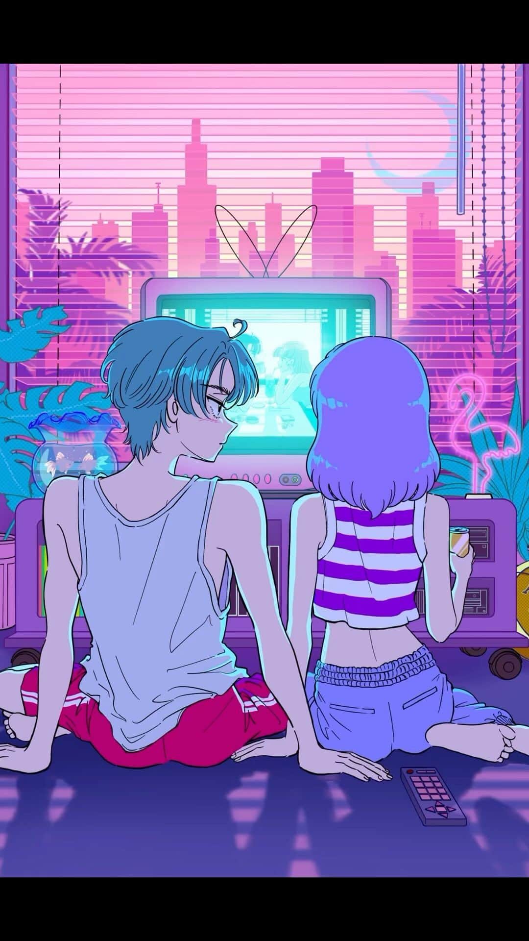 佐藤なつみのインスタグラム：「夢中🦩🌆  ・－・－・－・－・－・－・－・－・－・  💙東京個展💙 会期 / 2023年6月2日(金)〜6月16日(金) 会場 / A.F GALLERY 住所 / 〒150-0001 東京都渋谷区神宮前 3丁目21-8 ASOBIFACTORY 1F 開館時間 / 12:00~18:00 入場料金 / 無料  👅在廊日👅 ・6月2日(金)〜6月4日(日) ・6月10日(土)〜6月11日(日)  #エモい #illustration #illustrator #art #90s  #イラスト#オリジナル #カップルイラスト#女の子イラスト #ガールズイラスト #古着女子 #citypop #カップル #イラストレーター#アニメーション #anime #LuckyKilimanjaro #BurningFridayNight」