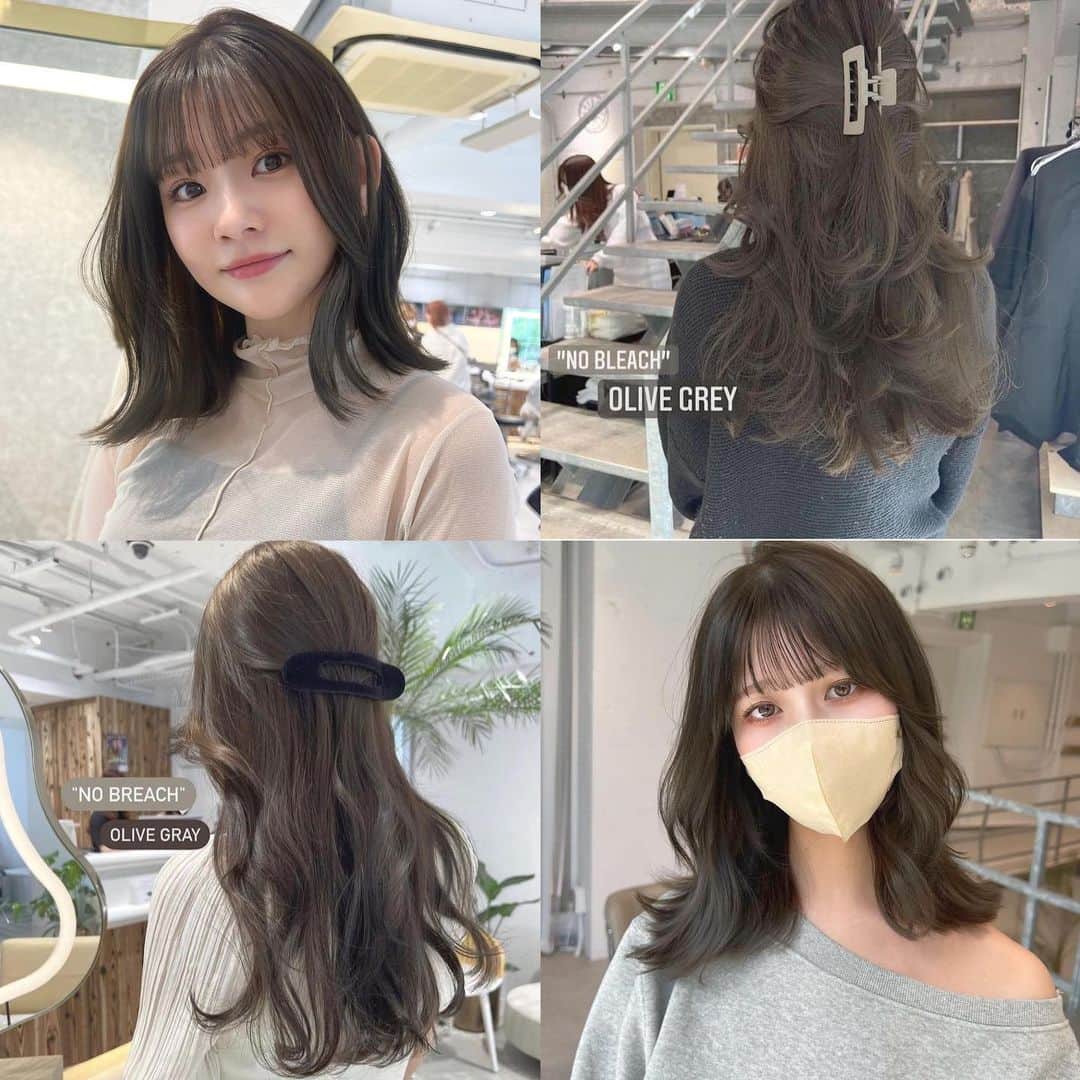 古賀美紀のインスタグラム：「#ブリーチなし でできる  「 #オリーブベージュ ❤︎」  暗いカラーをしていて明るくしたい方、色ムラがある方 地毛からの初カラーのお客様はダブルケアカラー  選択お願いします♡ 当日ベースを見てダブルケアカラー が 必要のないベースですと一回のカラーに メニュー変更可能です✨  ※top stylist指名料＋500 ※学割10%off  オススメ———————————— "プレミアムケアカラー"【毛髪強化剤】 ↪︎切れ毛枝毛を防ぎダメージ98％cut！ 高い染着力とカラーの持続性UP◎ 特別なコーティングをしてくれるトリートメント付き♡ ツヤツヤでサラサラな手触りになります＊ ———————————————  "set menu" "シャンプーブロー¥2700込み" 〜はレングス料金含む  ♡前髪カット＋ケアカラー ¥14,000~  【顔周り後れ毛cut＋¥500】  ♡前髪カット＋プレミアムケアカラー　¥16,200~ 【顔周り後れ毛cut＋¥500】  ♡カット＋ケアカラー ¥16100~  ♡カット＋プレミアムケアカラー¥18300~  ♡カット＋ダブルケアカラー ¥25300~  ♡ケアカラー＋トリートメント　¥18400~  ♡プレミアムケアカラー＋トリートメント　¥20600~  ♡前髪カット＋ケアカラー＋トリートメント¥20500~ 【顔周り後れ毛cut＋¥500】  ♡前髪カット＋プレミアムケアカラー＋トリートメント　¥22700~ 【顔周り後れ毛cut＋¥500】  ♡カット＋ケアカラー＋トリートメント　¥22600~  ♡カット＋プレミアムケアカラー＋トリートメント　¥24800~  ♡前髪カット＋ダブルケアカラー¥23200~ 【顔周り後れ毛cut＋¥500】  ♡カット＋ダブルケアカラー ¥25300~  ♡ダブルケアカラー ＋トリートメント ¥27600  #ブリーチ無し #オリーブグレージュ  #オリーブカラー  #アッシュグレージュ  #アッシュグレー  #シースルーバング  #おくれ毛カット」