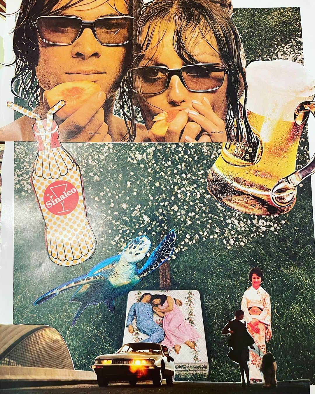 宮田麺児のインスタグラム：「コラージュアート シルクスクリーンの下地  #コラージュアート #デザインブック #洋書 #切り取り」