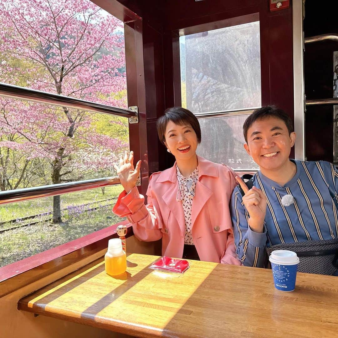 村井美樹のインスタグラム：「明日5/30(火)19:00～ BSテレ東で 村井美樹が行く！ #ローカル線よくばり絶景旅 の放送があります。  今回は #わたらせ渓谷鐵道 の旅🚃✨  #林家三平 さんをゲストに花桃や桜が咲き誇る絶景路線を旅してきました🌸✨  渡良瀬川の清流に若葉に色鮮やかなお花達。天候にも恵まれて絶景づくしの旅になりました！  風情ある駅舎に、トロッコ列車、山菜やきのこたっぷりのグルメ、地元の方しか知らない穴場スポットも☺️見どころ盛りだくさんの番組です。ぜひご覧ください🩷 TVerで見逃し配信もあります✨  衣装は  1日目の花柄スカート @prospere.showroom  @chonofabrics  2日目のピンクのコート @rosebud_official_  #村井美樹 #桐生駅 #高津戸峡 #ながめ余興場 #岡直三郎商店 #上神梅駅 #赤城南面千本桜  #小夜戸大畑花桃街道  #トロッコわたらせ渓谷号 #足尾銅山 #旅こけし #梅木直美工人」