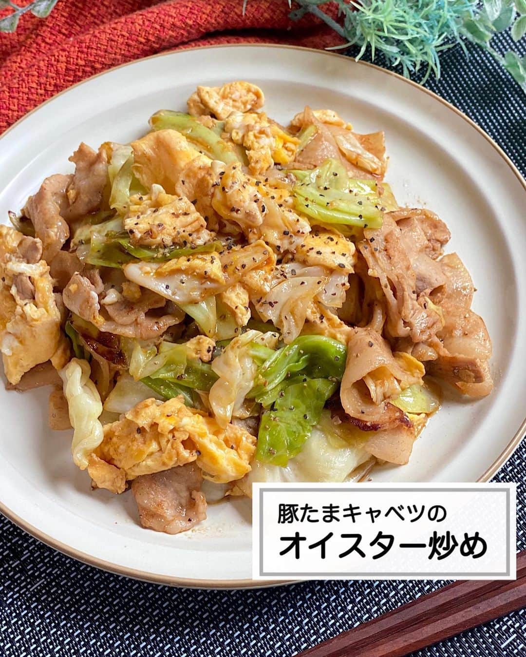 山本菜月のインスタグラム：「⁡ ⁡ ⁡ ⁡ ┈┈┈┈┈┈┈┈┈┈┈••✼ 豚たまキャベツの オイスター炒め ┈┈┈┈┈┈┈┈┈┈┈••✼ ⁡ ⁡ こんにちは☀️ なつき @zubora_meshi_ です🥰 ⁡ 今日はフライパンひとつで簡単！ おうちに良くある食材で作る 豚たまキャベツのオイスター炒めをご紹介します♡ ⁡ 調味料は、すべて大さじ１✨✨ 覚えておけば別の食材で応用もできます✌️ きのこや白菜でアレンジしても美味しいですよ😆 良かったらお試しください〜♩ ⁡ ⁡ ⁡ ｡.ꕤ⌒⌒⌒⌒⌒⌒ꕤ⌒⌒⌒⌒⌒⌒ꕤ.｡ ⁡ ⁡ ⁡ 【材料2人分】 豚バラ肉 150g キャベツ(小) 1/4玉 たまご 3個 (白だし大さじ1と合わせる) ごま油 大さじ1 片栗粉 適量 ⚫︎オイスターソース、お酢、みりん 各大さじ1 粗挽き黒胡椒 適量 ⁡ 【作り方】 ①フライパンにごま油をひき 　ときたまごを半熟になるまで加熱したら 　一度お皿に移しておく。 ②同じフライパンに片栗粉をまぶした豚バラ(3cm幅) 　キャベツ(一口大)を入れ 　しんなりするまで炒める。 　※画像では片栗粉をまぶす表記が抜けています🙇‍♂️ ③調味料で味付けし 　水分が飛ぶまで炒めたらたまごを戻す。 ④お好みで粗挽き黒胡椒をふって完成。  【メモ】 お好みでにんにくチューブを加えても美味しいです♡ ⁡ ⁡ ⁡ ｡.ꕤ⌒⌒⌒⌒⌒⌒ꕤ⌒⌒⌒⌒⌒⌒ꕤ.｡ ⁡ ⁡ 最後までご覧頂きありがとうございます。 是非、食レポを聞かせてくださると嬉しいです♡ ⁡ ＊NATSU KITCHEN ＊」