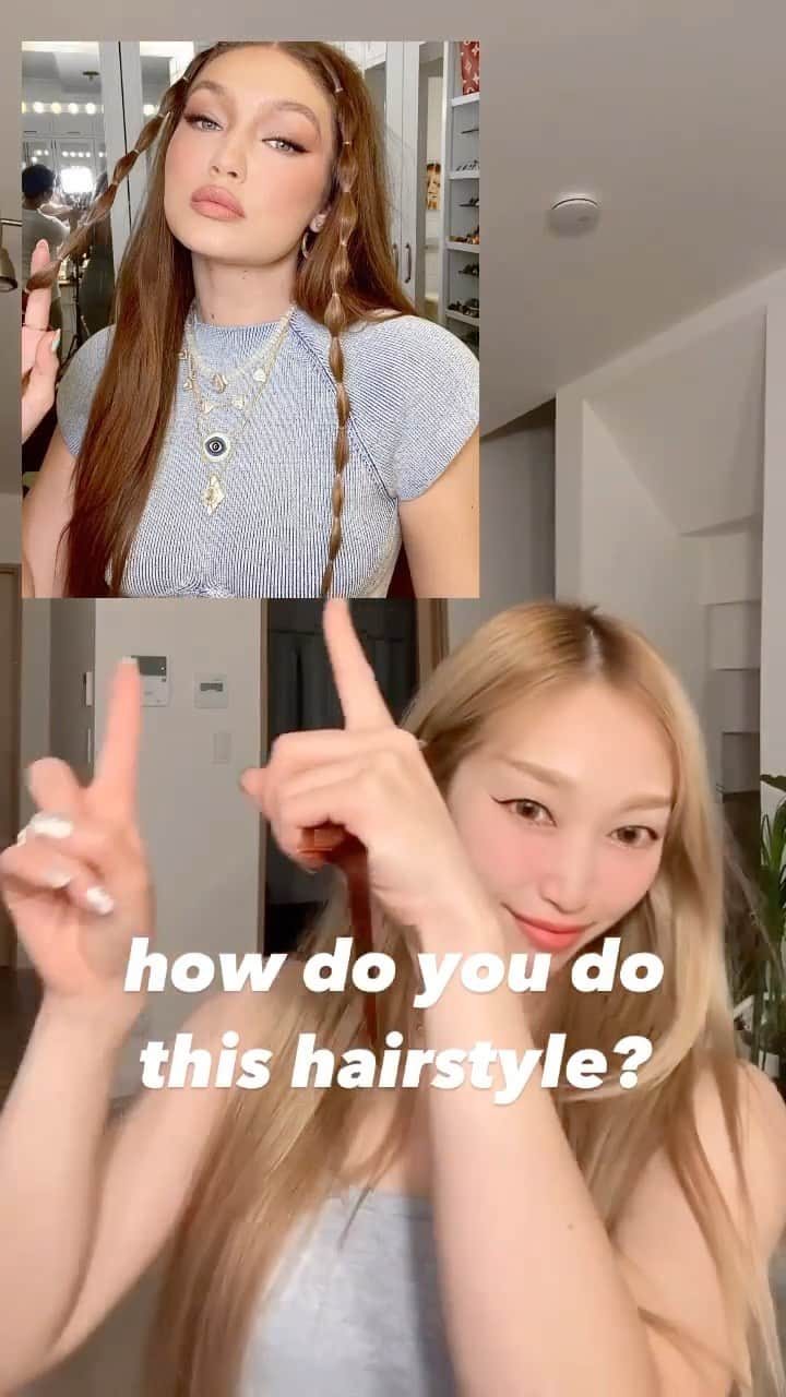 のインスタグラム：「styling hair  @gigihadid  petite braids🫶🫶🫶  styling agent @theproduct.jp  love cat @bisco0412   Hello   @gigihadid  I love it so much that I used the photo. forgive me please.♡  #styling hair #hair #hairstyle  #hairstyles」