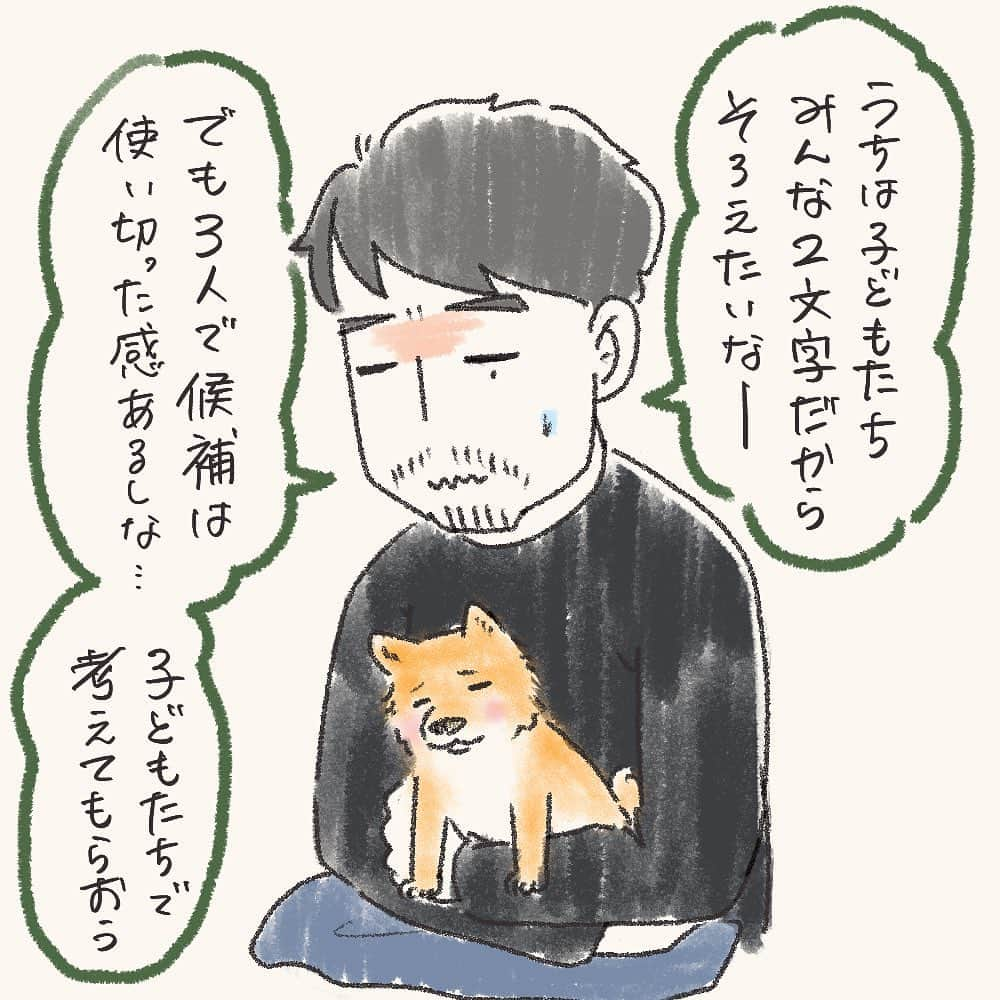 tomekkoさんのインスタグラム写真 - (tomekkoInstagram)「【末っ子🐕の名付け秘話】  今日は久々、うちの本当の末っ子、四男（犬）の話。  お正月に家族が増えました！と紹介したものの、時々日々の様子をチラッと描いたり写真載せたりぐらいで、なかなか詳しいことが描けていなかったのでちょっとずつ描いていきます。  改めて、名付けの話。  長男案、母案は却下。  うちは子どもたちの名前は全員漢字1文字の2文字読みで、できるだけ性別に関係なく使える名前にしています。  夫としてはそこにできれば合わせたい。が、もう候補3人分絞り出した後なのでどうにもしっくりくるのが思い浮かばない。  ということで、子どもたちに呼びやすく語感の良い2文字の名前を考えてもらいました。  漢字は検討の末（というか消去法で）決めたけど動物病院の診察券にもカタカナで書いちゃってるし多分この設定誰も覚えてない…笑  末っ子ともなると名付けも絞り出す感じになっちゃって申し訳ないけど、三男で既に行き詰まってるので許してくれ。  お散歩で出会うワンちゃんたちのお名前を聞くと可愛いお菓子の名前とかすごい人間ぽい名前だったりして、また名は体を表すというのは犬にも当てはまるらしく、みんな名前に合った雰囲気持っていて毎回ほっこりしています。  #犬のいる暮らし  #豆柴 #3兄弟と犬 #男系家族   ＊  先日は三男のお誕生日に温かいコメントありがとうございました！  そんな三男、長引く咳と鼻水、熱の風邪になってずーっと保育園もお休みしてたんですが、今この症状の子がうちの近所は多いみたいで小児科大混雑です。。。  RSとか流行ってる？のかな。 久々の病気で思い出したんですが、三男生後2ヶ月の時にRSで入院したんでした。  その時の状況や気をつけると良いことなど、古い記事ですがハイライトに置いておきますね。  もし赤ちゃんのいるご家庭のご参考になれば幸いです！」5月29日 7時52分 - tomekomet