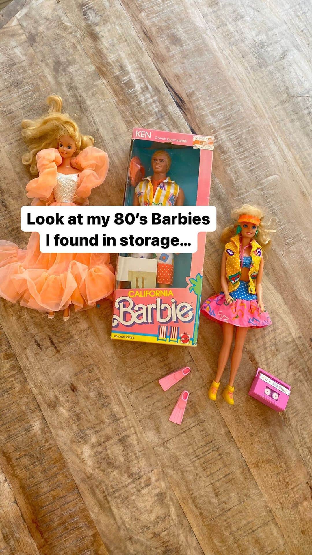 カンディー・ジョンソンのインスタグラム：「Wait for Ken’s bonus 80’s outfit at the end…how good is that?! And who else had the Peaches n’ Cream Barbie?!? She was my favorite!  I cannot believe I found my 80’s Barbies! The California Barbie and Ken came out in 1987, I think, and my Peaches n’ Cream Barbie, was one of my first Barbies when she came out in 1984🥹💕🙌!  I wish I still had all my Barbie furniture and cars & my western Barbie with the white rubber hat and fringe outfit!🙈💕  #Barbie #barbiedoll #80s #ken #barbiedoll #vintage #barbiestyle #childhood #barbiecollector」