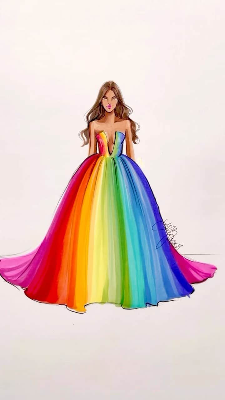 Holly Nicholsのインスタグラム：「Living and loving in full color. 💕🌈 #fashionillustration #asmr #copicmarkers #illustration #rainbow #gowns」