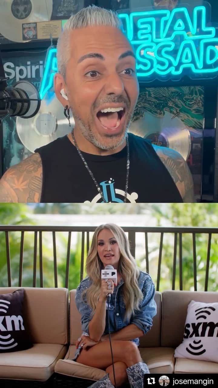 キャリー・アンダーウッドのインスタグラム：「YES - I would love to have you as a guest DJ on @carriescountry! Let’s do this, @josemangin! 🤟🏻 ・・・ #Repost @josemangin ・・・ It blows my mind that @carrieunderwood knows who I am and listens to @sxmoctane ⁉️ This is my initial real reaction to seeing this awesome video. THANK YOU Carrie for loving heavy music, and for your kind words. I actually impressed my daughters with this, and they’re hard as hell to impress!   I’m serious about guest DJ’ing on your new @carriescountry channel here @siriusxm (I promise my playlist will rule!), and you are welcome to come on Octane anytime ya want! Next, please be a guest on my #metalambassador SXM podcast so we can talk more about your passion for rock music @nothingmoremusic @iprevailband @gunsnroses +++  Love having you a part of our #siriusxm family, and this is the coolest most surprising reaction video I’ve ever seen in my almost 23 years here! You’re a legend and I’m very grateful to have you flying the Metal flag!  Much love Carrie, and massive ThanX to my marketing fam at SiriusXM (Danielle LaPierre) for getting me involved! I still can’t believe it, feels like a prank!?!  #carrieunderwood #carriescountry #reaction #octane #metalhead #celebritymetalhead」
