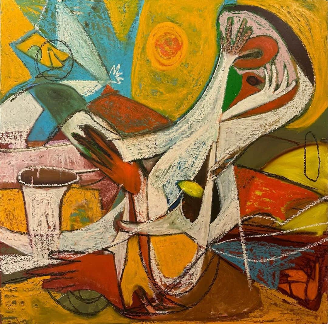 テイト・エリントンのインスタグラム：「Lama Di Luna (Olive Orchard May 29, 2012 12:22pm)  48” x 48” oil on canvas  This work was inspired by a trip to Italy. A day spent eating and drinking the bounty of the earth amongst the trees of an olive orchard with the one I love. In short “a perfect moment in time.”」
