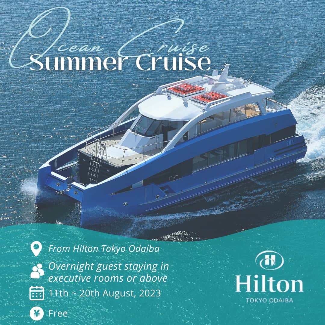 Hilton Tokyo Odaiba ヒルトン東京お台場のインスタグラム：「Embark on a luxurious cruise voyage around Tokyo Bay ⛴✨  At Hilton Tokyo Odaiba, we are thrilled to announce the "Summer Cruise," available exclusively from August 11th to 20th.  Guests staying in our Executive room or higher room categories can enjoy this complimentary cruise, which operates 4 times a day!  Feel the gentle caress of the sea breeze as you gaze upon the radiant orange hues of the setting sun from the ocean's expanse. Let the enchanting Tokyo skyline, adorned with captivating lights, captivate your senses... How about making unforgettable summer memories with us? 🌅  Please feel free to contact us for more information. Email: Info@hilton-odaiba.com / TEL: 03-5500-5500  Summer Cruise 📅 August 11th - 20th, 2023 🎫 Complimentary 👤 Overnight guests staying in Executive room or above rooms (Room Accommodations: Executive Rooms, Premium Executive Rooms, Suite Rooms)  #ヒルトン東京お台場 #hiltontokyoodaiba」