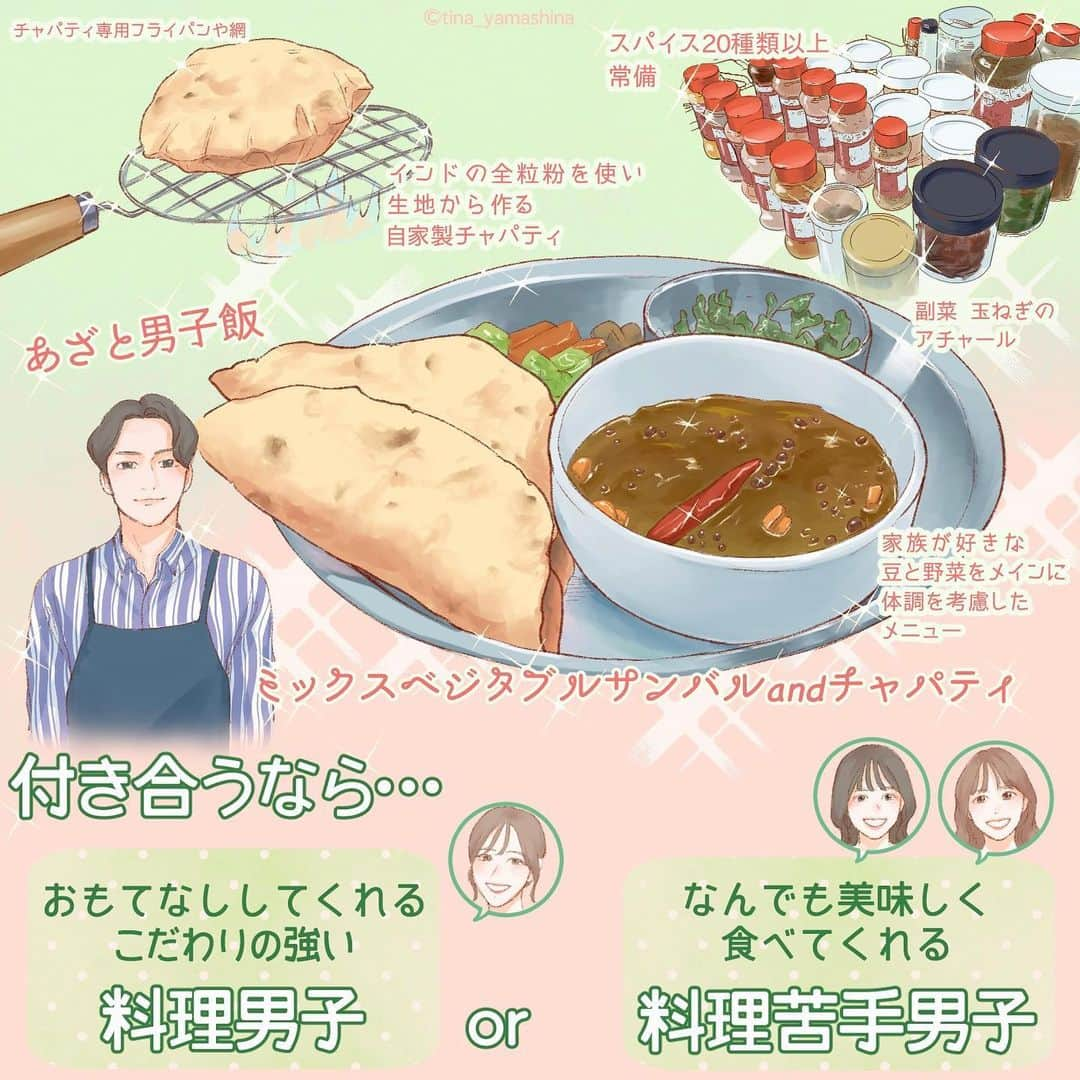 山科ティナのインスタグラム：「こだわり強い料理男子と、こだわりのない料理苦手男子…… 自分は前者派でした🤤 （自分が食いしん坊ゆえ…）（余裕のある休日は一緒に謎の機材を使って普段家ではやらないような料理を楽しみたい🍳）  みなさんはどっち？？  #あざとくて何が悪いの #あざとい系男子 #料理男子 #チャパティ #サンバル #インド料理 #スパイス料理 #レシピイラスト #グルメイラスト」