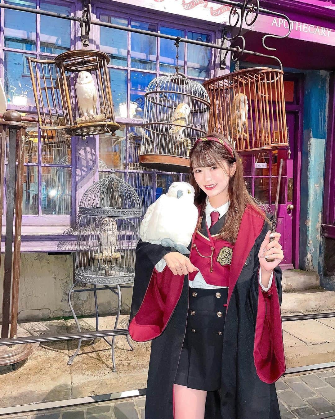 Kanaのインスタグラム：「ㅤ ㅤ 今まで載せた投稿にもちらっと写ってたけど、 私の相棒ヘドウィグも ちゃんと連れて行きました🦉🤍 ㅤ ㅤ ダイアゴン横丁、 色んなお店が連なってたよ🏬🇬🇧 ㅤ ちなみにここはイーロンのふくろう百貨店🦉 可愛いふくろうたちがたくさんいました💭💘 ㅤ ㅤ ダイアゴン横丁はツアーの終盤あたりにあって… もうお分かりかと思いますが、(🤣) 時間がなくてここも全然ゆっくり見れなかったので 次行く時のお楽しみです🥹🙌🏻💕 ㅤ ㅤ ㅤ ㅤ ㅤ ㅤ ㅤ ㅤ ㅤ ㅤ ㅤ #kana_mana ㅤ #kana_harrypotter ㅤ ㅤ #ハリーポッター #ハリポタツアー  #ワーナーブラザーススタジオツアー東京 #スタジオツアー東京 #スタジオツアー #harrypotter #WBtourtokyo #studiotourtokyo #harrypottertour #ダイアゴン横丁 #ハリポタ #グリフィンドール #ホグワーツ #ハリポタコーデ #制服コーデ #ローブ #ヘドウィグ #hp #gryffindor #hogwarts #diagonalley」