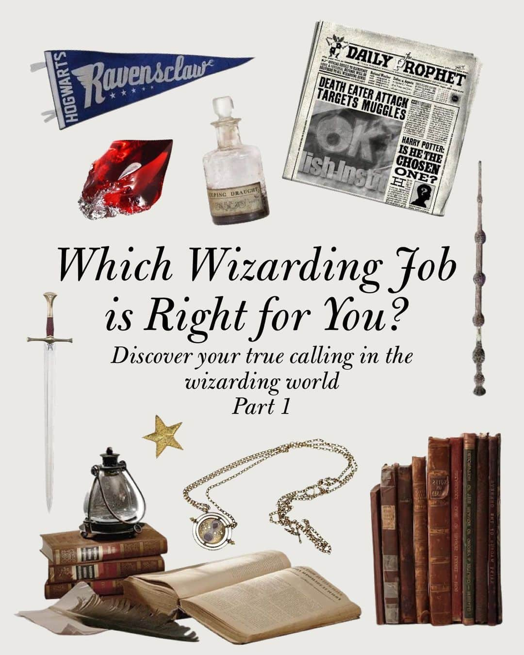 Dara Muscatのインスタグラム：「New #daracollages is here, 🧙‍♀️ please share your results in comments! I’m so curious, do you feel like your result was accurate? 🪄 This one was super fun to write and put together. Been reading Philosopher’s stone yesterday before sleep and got inspired 🥹🖤✨  #darkacademia #nicheaccounts #hogwartsedit」