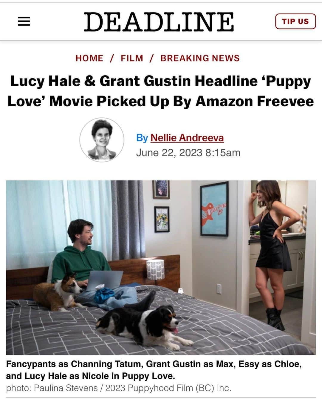 ルーシー・ヘイルのインスタグラム：「so excited to finally be able to share that our movie is going to @amazonfreevee later this summer! so many laughs and memories and complete gratitude 🤍🐾  @richardalanreid @nick_fabiano @grantgust   Second slide is the day I met FancyPants who plays Channing Tatum 🥹」