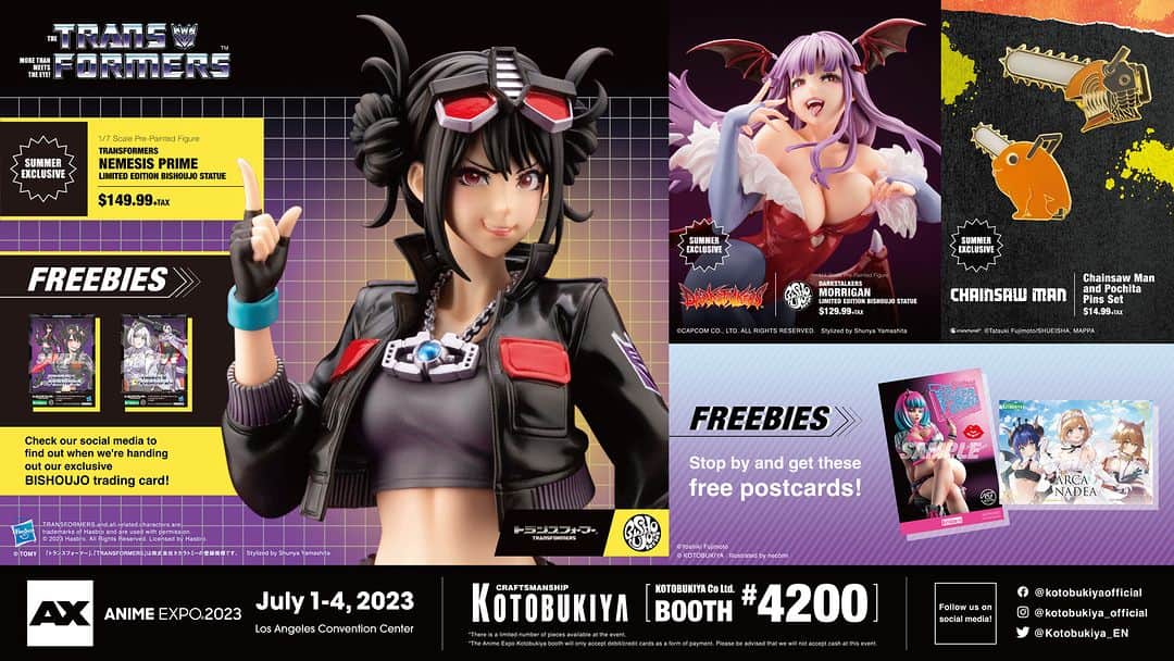 のインスタグラム：「Kotobukiya will be attending Anime Expo 2023!  Visit our booth #4200 and check out the exclusive items being offered! Must-have figures and plastic model kits will also be showcased!  https://www.kotobukiya.co.jp/event/ax2023/  #AX2023」