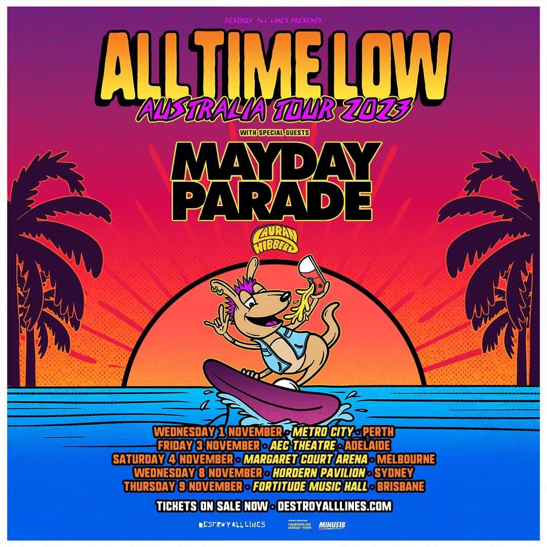 All Time Lowのインスタグラム：「ATL X AUS 2023!! Tickets for our Australia Tour 2023 with @maydayparade @lauranhibberd are on sale NOW! Comment below if you’re in!!」
