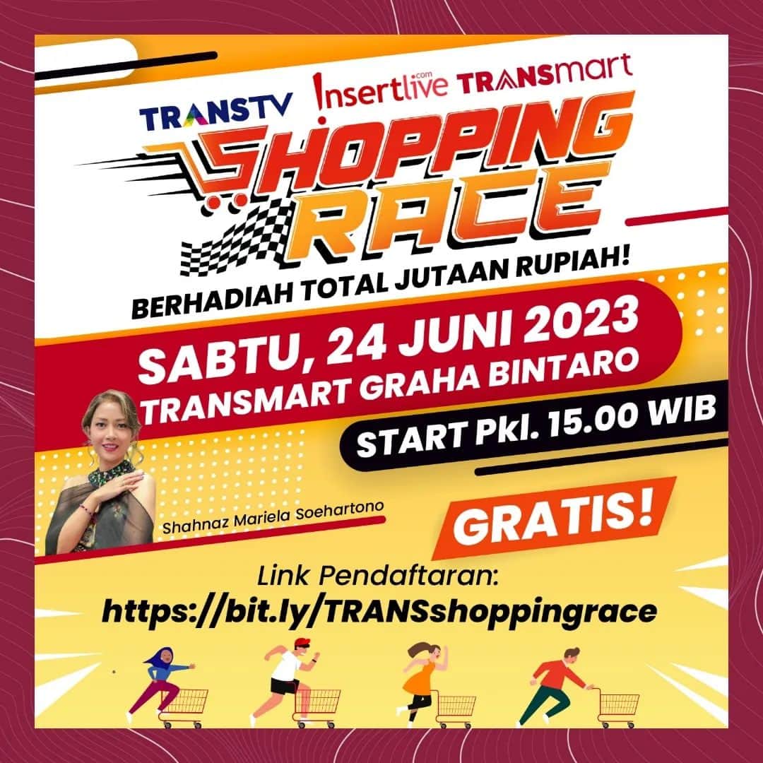 のインスタグラム：「Hi Beauties!  Udah punya rencana apa nih di weekend besok?🤔  Kalo belum tau mau ngapain, mending ikutan Shopping Race aja yuk di Transmart Graha Bintaro, Sabtu, 24 Juni 2023 mulai pukul 15.00 WIB dan acara ini GRATIS, lho.....  Nantinya juga akan ada hadiah dengan total jutaan rupiah yang siap kamu bawa pulang.  So, pastikan kamu gak ketinggalan acaranya dan ikuti keseruannya, ya!🥳✨️  Yuk, tunggu apalagi? Segera daftarkan diri kamu di link ini bit.ly/TRANSshoppingrace」