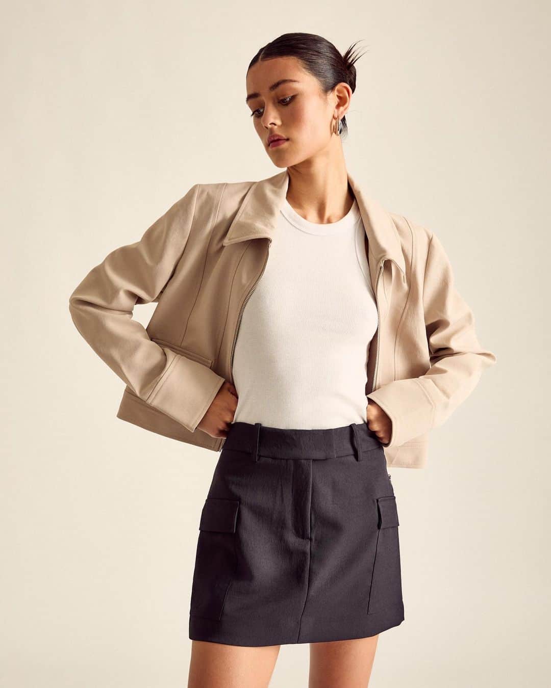 KOOKAI のインスタグラム：「Just Landed •• Shop the Ariel Staple Jacket & Cargo Mini Skirt in boutiques and online now #kookai」