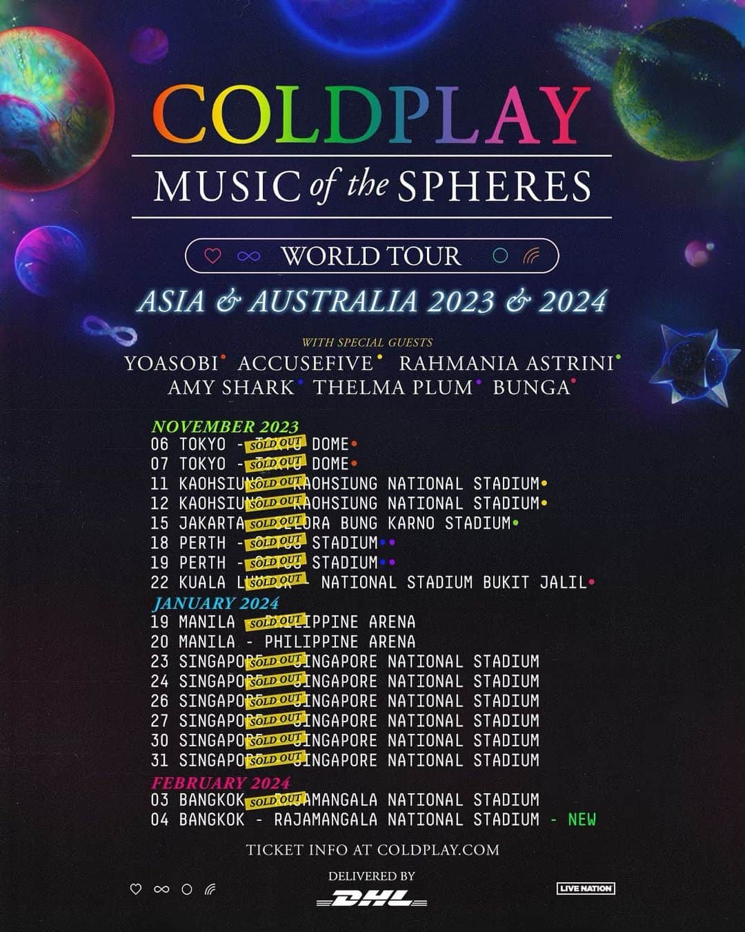 Coldplayのインスタグラム：「🩷 One last show of the 2023/24 Asian leg - Bangkok, 4 February 2024.  Tickets on sale next Friday (30 June) 10am local time 💫  #coldplay #musicofthespheresworldtour」