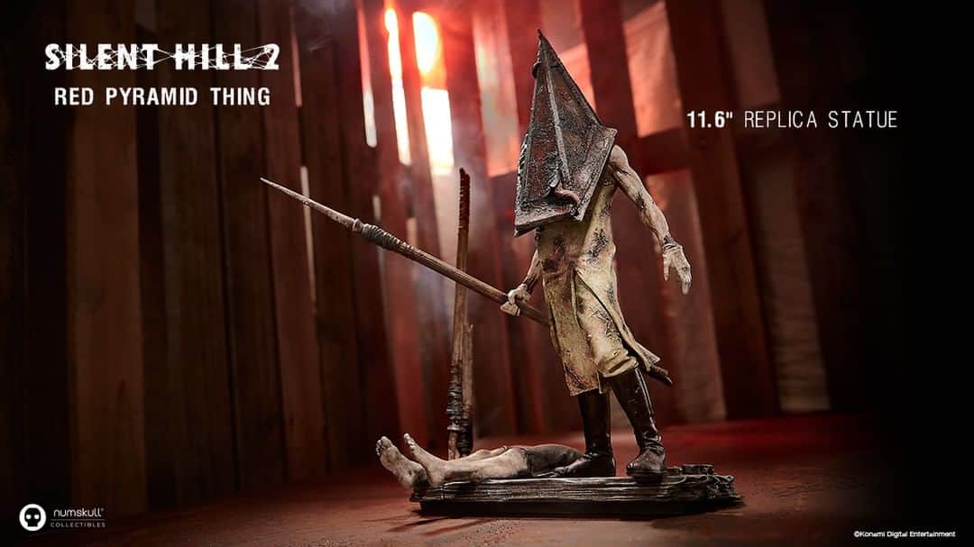 KONAMIのインスタグラム：「Dragged forth from the sinister world of Silent Hill 2, only those without fear choose to stand in the face of the Red Pyramid Thing!  The third statue in the Silent Hill range, Red Pyramid Thing is now available to pre-order @numskulldesigns   #SilentHill2」