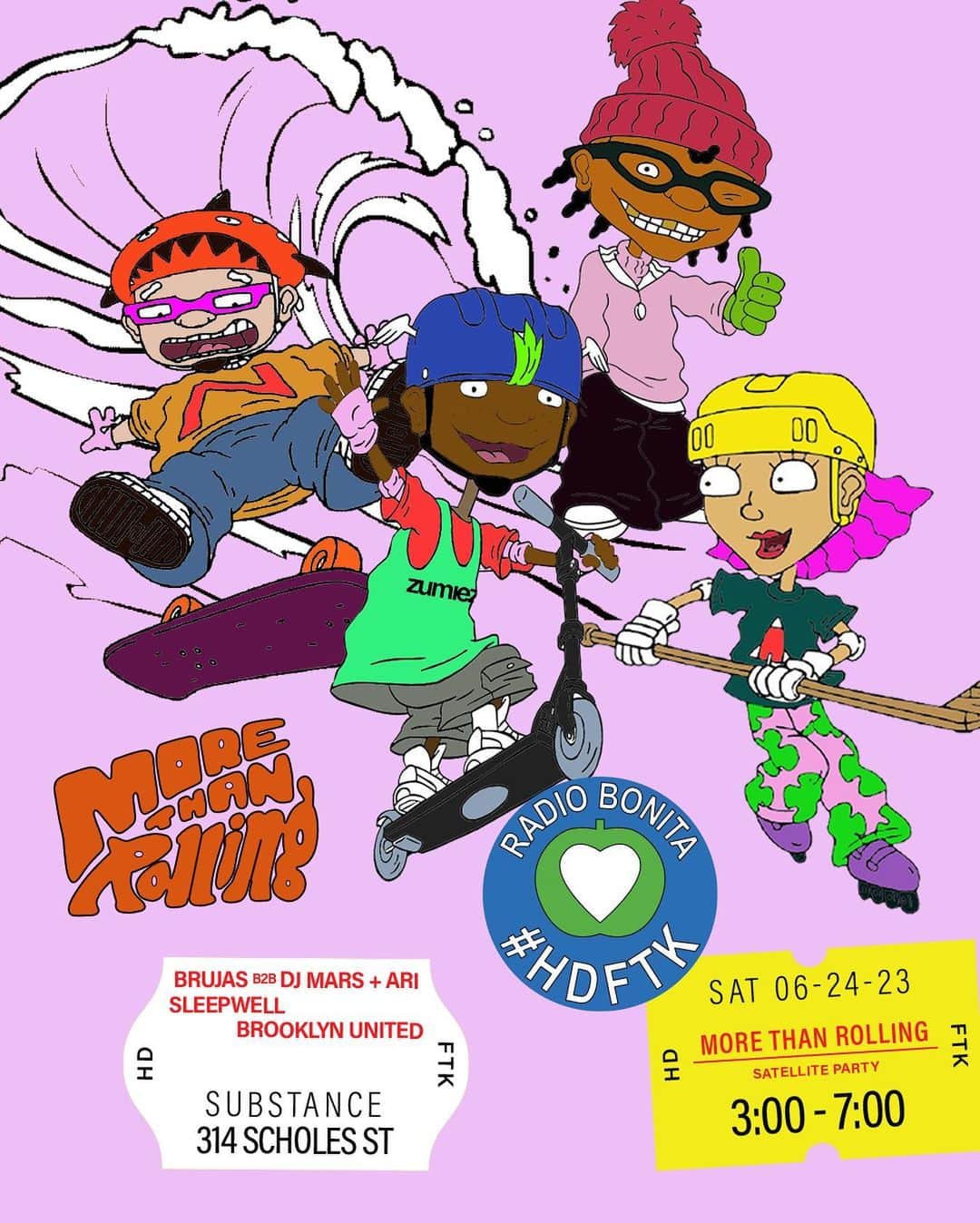zumiezのインスタグラム：「@radio.bonita is Live at Substance Skatepark in Brooklyn this Saturday ! @zumiez “More Than Rolling” means all wheels are active on the floor ! ☮️🏄‍♀️🌊🛴🛼🛹.. Stream or show up and play ! food, vendors, prizes, and more ! 🎊🤍 www.radiobonita.nyc」