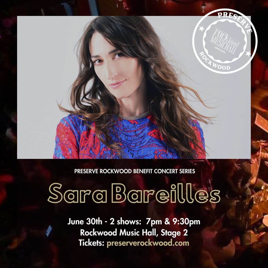のインスタグラム：「Heading up the #PreserveRockwood Beneft Concert Series is @sarabareilles with two shows on June 30th.   Update: SOLD OUT  See Sara on Rockwood Stage 2 where she played one of her first career shows in 2007.   She will also be hosting Happy Hour with Sara B, where you can join her at Rockwood for cocktails and conversation before the show!   Tickets are selling quickly and available at preserverockwood.com」