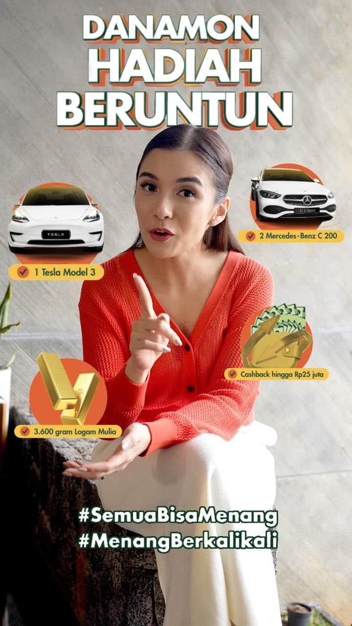 チェルシー・オリビアのインスタグラム：「Siapa nih yang sering ikut undian berhadiah tapi ga pernah menang? Salah satunya aku!! 😅 Biasanya yang bikin ga menang itu gara2 yang dipilih pemenangnya cuma 1 dan hadiahnya sedikit..  Nah tapi sekarang ada program undian terbaru dimana semua bisa menang loh dan menangnya pun berkali-kali!! Ini ada program @mydanamon Danamon Hadiah Beruntun yang kasih hadiah yang fantastis, yaitu Grand Prize Tesla Model 3! Kapan lagi program undian berhadiah Tesla kan 😍  Bener2 worth it banget buat dikejar karena hadiahnya ga cuma itu.. ada lagi hadiah langsung bulanan berupa cashback hingga 25 juta dan undian 3 bulanan yang diundi di 12 wilayah..jadi kesempatan buat menang lebih besar!  Mau tau caranya gimana? Gampang banget!!  Semua orang bisa mendapatkan hadiah beruntun dengan tingkatkan saldo tabungan dan perbanyak transaksi menggunakan Danamon..  Yuk buruan buka tabungan Danamon sekarang.. periode program hingga 30 September 2023 aja Info lebih lanjut bisa cek di bdi.co.id/dhb5   #SemuaBisaMenang #MenangBerkalikali」