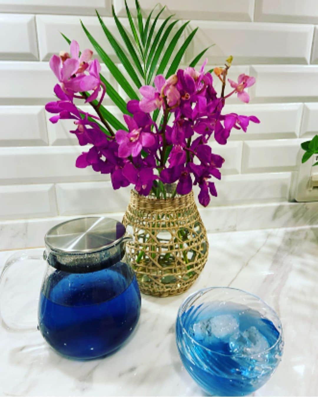 平子理沙のインスタグラム：「青色に癒されます💙🩵 ももと青色バタフライピー。 水出しができる、ブルーのハーブティー。 ピーチ味で美味しいです🍑💕 「生活の木」で購入しました。  #青色が好き💙🩵#lifestyle #beauty#fashion##risahirako#平子理沙」