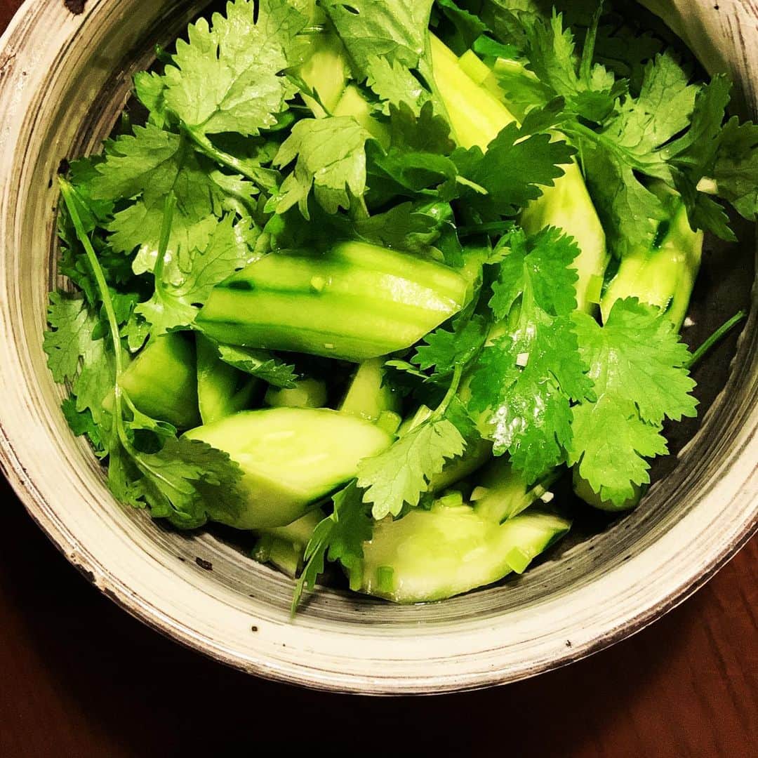 志摩有子さんのインスタグラム写真 - (志摩有子Instagram)「きゅうりとパクチーのサラダ。 レモン汁にナンプラー、みじん切りのニンニク少々、太白と普通のごま油半々。 パクチーは葉っぱだけでなく、茎も刻んでいれた。さらにパクチー感が増す。 夏はきゅうりがうまい。毎食食べたい。  #きゅうりレシピ #きゅうりサラダ #きゅうりとパクチー　 #アリコ飯店」6月23日 22時15分 - ariko418