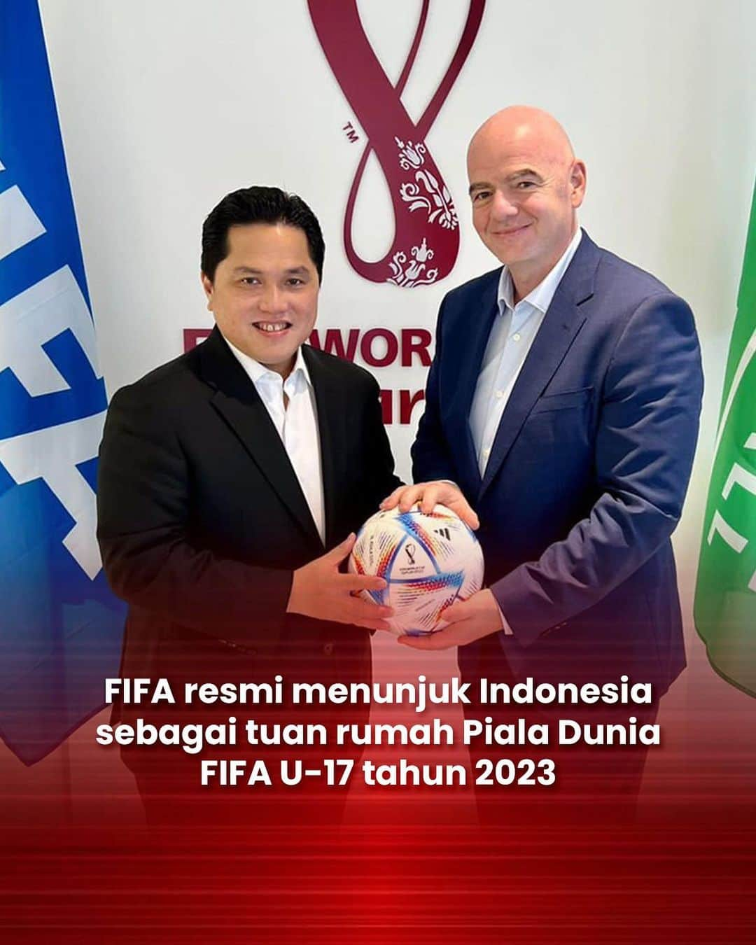 エリック・トヒルさんのインスタグラム写真 - (エリック・トヒルInstagram)「Syukur Alhamdulillah..  Indonesia telah dipercaya oleh FIFA untuk menjadi tuan rumah Piala Dunia FIFA U-17 2023. Semoga persiapannya berjalan lancar dan berbuah sukses.  Kita ingin nama Indonesia kembali harum di dunia internasional 🇮🇩❤️」6月24日 0時47分 - erickthohir