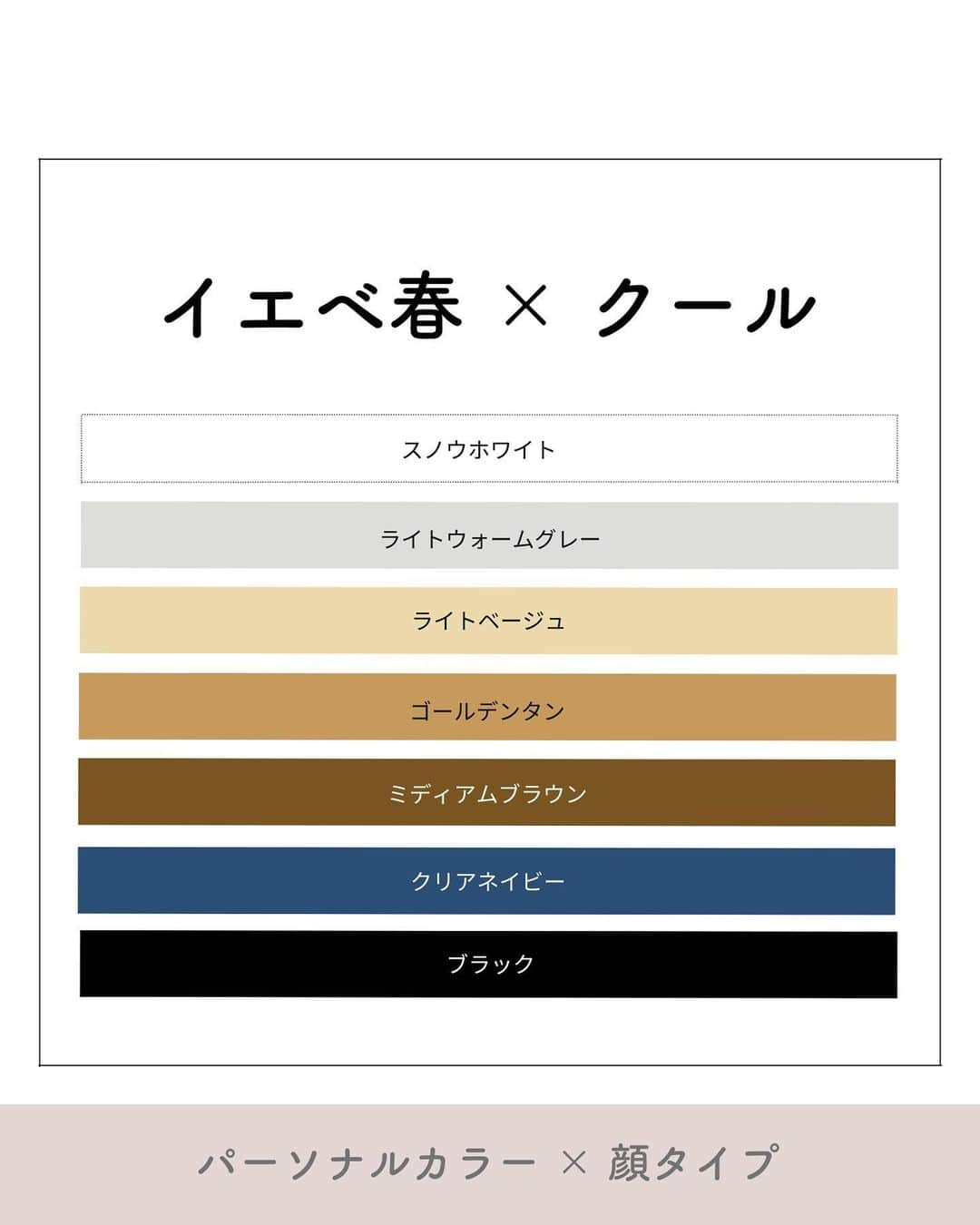 山本裕美のインスタグラム：「. 診断後のお客様から 色に関しての質問がとても多いので 「パーソナルカラー×顔タイプ」を 私なりにまとめております😊  ／ イエベ春(Spring) 　× 顔タイプクール ＼  スタイリッシュでキレイめ雰囲気が似合う #顔タイプクール さん♡  色は甘さを抑えたベーシックカラーがおすすめです☝️ (顔タイプに関係なく、イエベ春の人はみんなお似合いのべーシックカラーです☺️)  Springさんは暖かみがある色が得意ですので ベージュやキャメルを入れるとgood👍✨ メイクとの雰囲気にも合わせやすくなります✨  人によって優先度合いが違ったり、 全てのタイプの人が当てはまる訳ではありませんが ぜひ参考になれば嬉しいです♫  ※画像はPinterestよりお借りしました。 -----  ✨人生の節目に一生モノの自分軸を✨  各種診断・講座の詳細は プロフィール欄の𝘜𝘙𝘓より𝘔𝘌𝘕𝘜をご覧ください。 @𝘩𝘪𝘳𝘰𝘮𝘪_𝘺𝘢𝘮𝘢𝘮𝘰𝘵𝘰_𝘮𝘤  ----  プロとして資格を取得したい方  【✍️顔タイプ診断®️１級 認定講座】 2023年 7/22(土) 10:000〜17:00 2023年 7/23(日) 10:00〜17:00 の2日間  【✍️パーソナル骨格診断 認定講座】 2023年 8/3(木) 10:00〜17:00 2023年8/4(金) 10:00〜17:00 の2日間  ✅イメコンのスキルアップしたい方 ✅美容・アパレル業界の方 ✅自分のお洒落のために勉強したい方 ✅印象にまつわるお仕事に活かしたい方 ✅副業として何か始めたい方　𝘦𝘵𝘤...  ファッション業界以外の方も たくさん受講しに来てくださっています✨ お申し込み・お問い合わせはプロフィール欄の リンクよりお申し込みフォームへ🕊💌  ----  #イエベ #イエベ春 #顔タイプ診断　 #パーソナルカラースプリング #イエベメイク #パーソナルカラー診断大阪 #顔タイプ #パーソナルカラーネイル  #パーソナルカラーSpring #ウォームスプリング #ビビッドスプリング #ブライトスプリング #ライトスプリング #顔タイプ診断大阪  #顔タイプ診断クール #パーソナルカラー春 #16タイプパーソナルカラー診断大阪 #16タイプパーソナルカラー診断心斎橋 #エレガントタイプ #パーソナルカラー診断心斎橋　 #顔タイプ診断心斎橋 #骨格診断大阪」