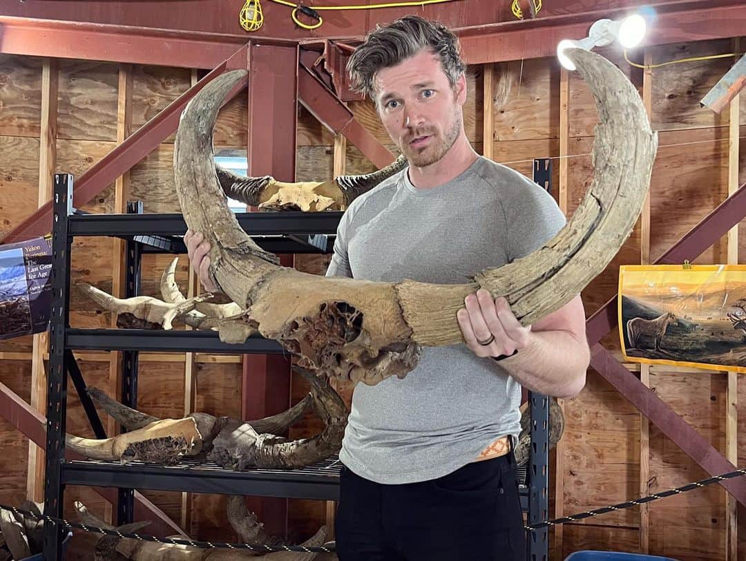 デレック・テラーのインスタグラム：「This was an incredible day!  I’ve always loved ancient history and biology, so this experience was top notch. I’ll admit I learned about @theboneyardalaska from @joerogan, then got in touch with JR with hopes to visit his site. His family was the sweetest! They showed us around @golddaughters gold panning facility. We even bought a piece of @ilauralongley handmade gold jewelry.  Next, they took us to the “Bone Dome”. Holding the skull of an extinct Step Bison from around 12,000 years ago was an unbelievable experience. We had the best time and I constantly asked questions as we held bones from extinct mega fauna and Jordan had all the answers.  It was an unforgettable day!  If you ever make it to Fairbanks Alaska, you know where to go,  Thank you @theboneyardalaska」