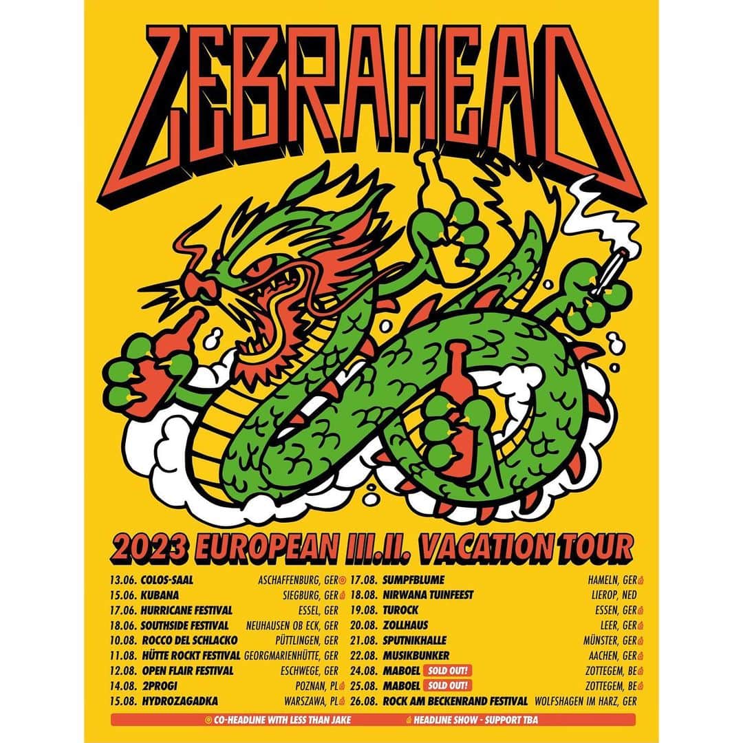 Zebraheadさんのインスタグラム写真 - (ZebraheadInstagram)「We’ve been home a few days and we already miss Europe! Luckily the second half our tour “European III.II Vacation Tour” Is starting up again in August. . A couple of the shows are already sold out so go to zebrahead.com and make sure you have your party night planned!!  Here are the dates! 10 Aug - Rocco Del Schlacko – Püttlingen, Germany 11 Aug - Hütte Rockt Festival – Georgmarienhütte, Germany 12 Aug - Open Flair Festival – Eschwege, Germany 14 Aug - 2Progi - Poznań, Poland 15 Aug - Hydrozagadka - Warszawa, Poland 17 Aug - Sumpfblume – Hameln, Germany  18 Aug - NIRWANA TUINFEEST -  Lierop, Netherlands 19 Aug - Turock - Essen, Germany  20 Aug - Zollhaus - Leer, Germany  21 Aug - Sputnikhalle - Munster, Germany  22 Aug - Musikbunker - Aachen, Germany  24 Aug - Maboel - Zottegem, Belgium - SOLD OUT 25 Aug - Maboel - Zottegem, Belgium - SOLD OUT 26 Aug - Rock Am Beckenrand Festival - Wolfshagen im Harz, Germany  Photo by: @davekaipiper  #zebrahead #europeanvacation」6月24日 4時47分 - zebraheadofficial