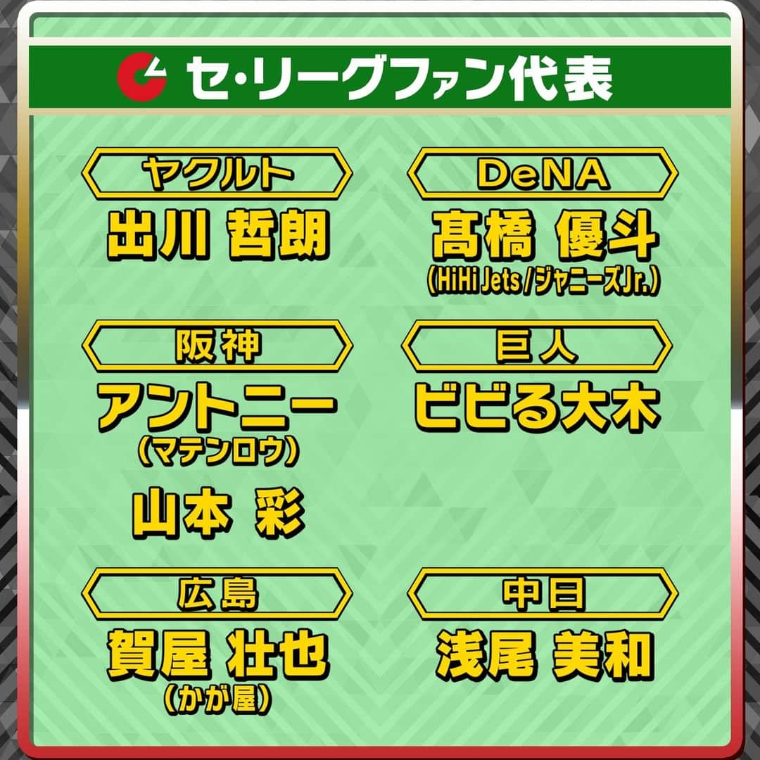 テレビ朝日野球のインスタグラム：「#中居正広のプロ野球魂 7月8日(土)よる10時 テレビ朝日系列で放送📺  セ・リーグファン代表は…  (敬称略) ヤクルト⇒#出川哲朗 ＤｅＮＡ⇒#髙橋優斗(#HiHiJets / ジャニーズJr.) 阪神⇒#アントニー(#マテンロウ) / #山本彩 巨人⇒#ビビる大木 広島⇒#賀屋壮也(#かが屋) 中日⇒#浅尾美和  あすパ・リーグファン解禁✨  #中居正広 #プロ野球魂」