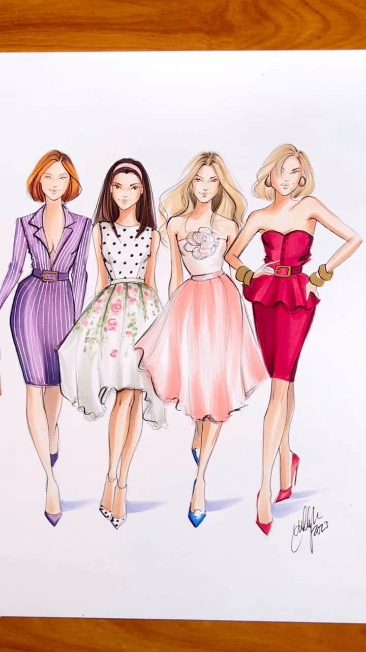 Holly Nicholsのインスタグラム：「“the girls”, SATC 💕 #sexandthecity #carriebradshaw #fashionillustration #asmr #satc #asmrsounds #illustration」