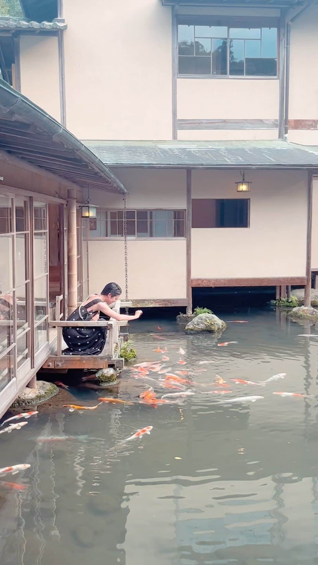 福本敦子のインスタグラム：「本の感想たくさんありがとうございます📗ストーリーとハイライトで観れます✨森田先生とのLIVEは今日21時くらいから💗先日、餌を持たずに池を見てたら鯉に怒られた様子😅😂🐟💢💦💦 . #onsen」