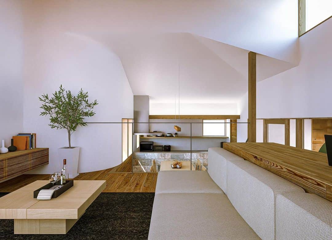 一級建築士事務所hausのインスタグラム：「□haus-curv(仮)□ 神戸市西区での新しいプロジェクトがスタートします！  リビングソファの背面には長いカウンタースペースがあり、家族が集いやすいスペースとなっています♪  #建築家 #建築 #住宅 #家 #注文住宅 #新築 #設計 #デザイン #神戸 #中庭 #リビング #パース #プレゼン #階段 #ダイニング #architect #architecture #build #presentation #design #livingroom #perspective #courtyard #haus #house #diningroom #housedesign #instahome #一級建築士事務所haus #haus_curv」