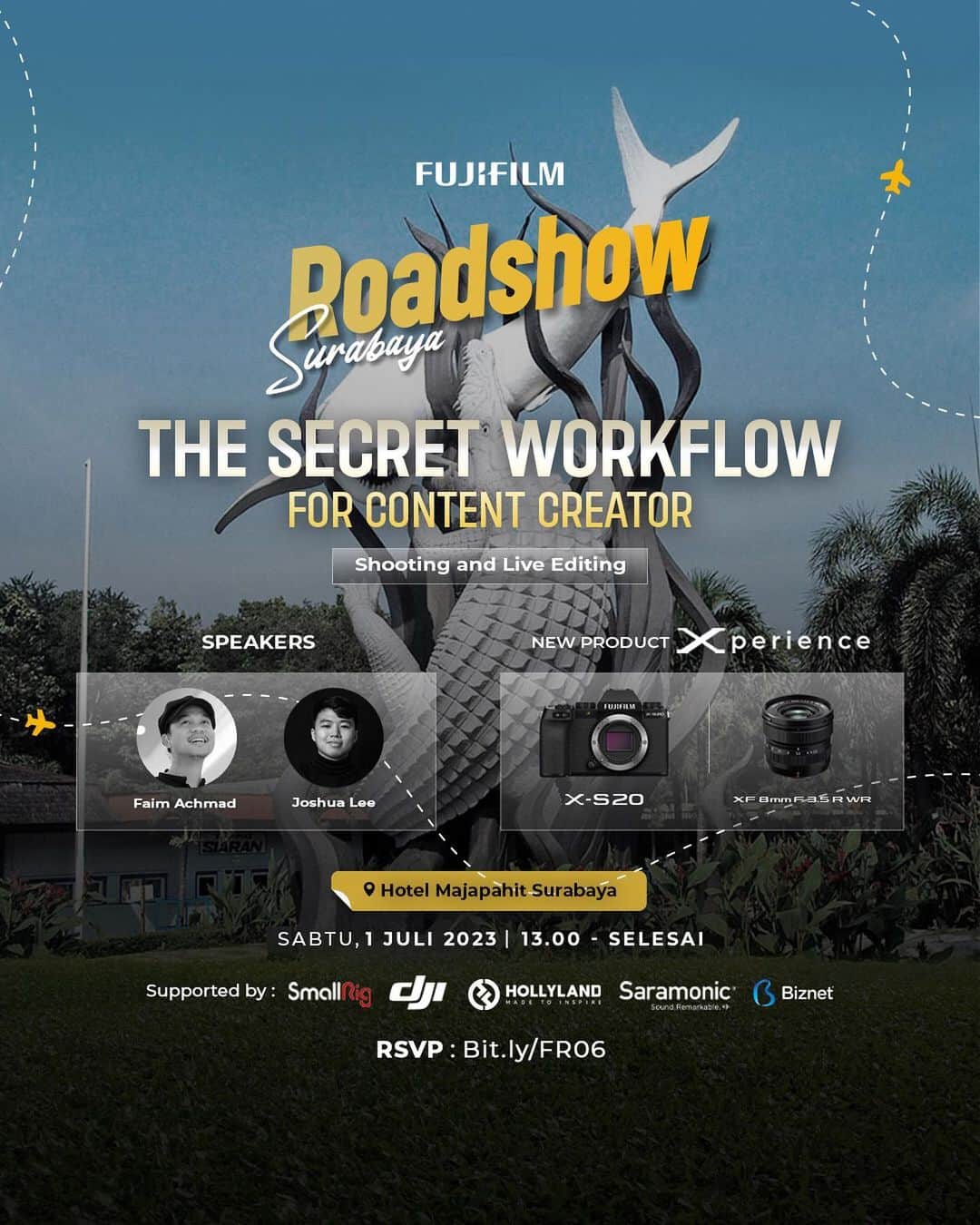 のインスタグラム：「Yang di Surabaya dan sekitarnya mau nyoba hands on kamera dan lensa terbaru Fujifilm?   Ikuti acara Roadshow New Product Experience Fujifilm X-S20 dan lensa Fujinon XF 8mm F3.5 R WR di Surabaya.  Acara ini bakalan seru karena ada buka bukaan dapur workflow content creator, talkshow experience dan testing shoot dengan kamera dan lensa terbaru Fujifilm.  Speakers: @faim_achmad @joshdytlee   Sabtu, 1 Juli 2023 13:00 - selesai Hotel Majapahit Surabaya  Registrasi sekarang untuk mendapatkan seatnya! Peserta terbatas!!  Registrasi : bit.ly/FR06  Supported by: @smallrig_idn @dji.era @hollylandtech_id @saramonic_id @biznethome   #XS20 #XS20_id #XF8MMF35RWR #fujifilm_id #FujifilmIndonesia」