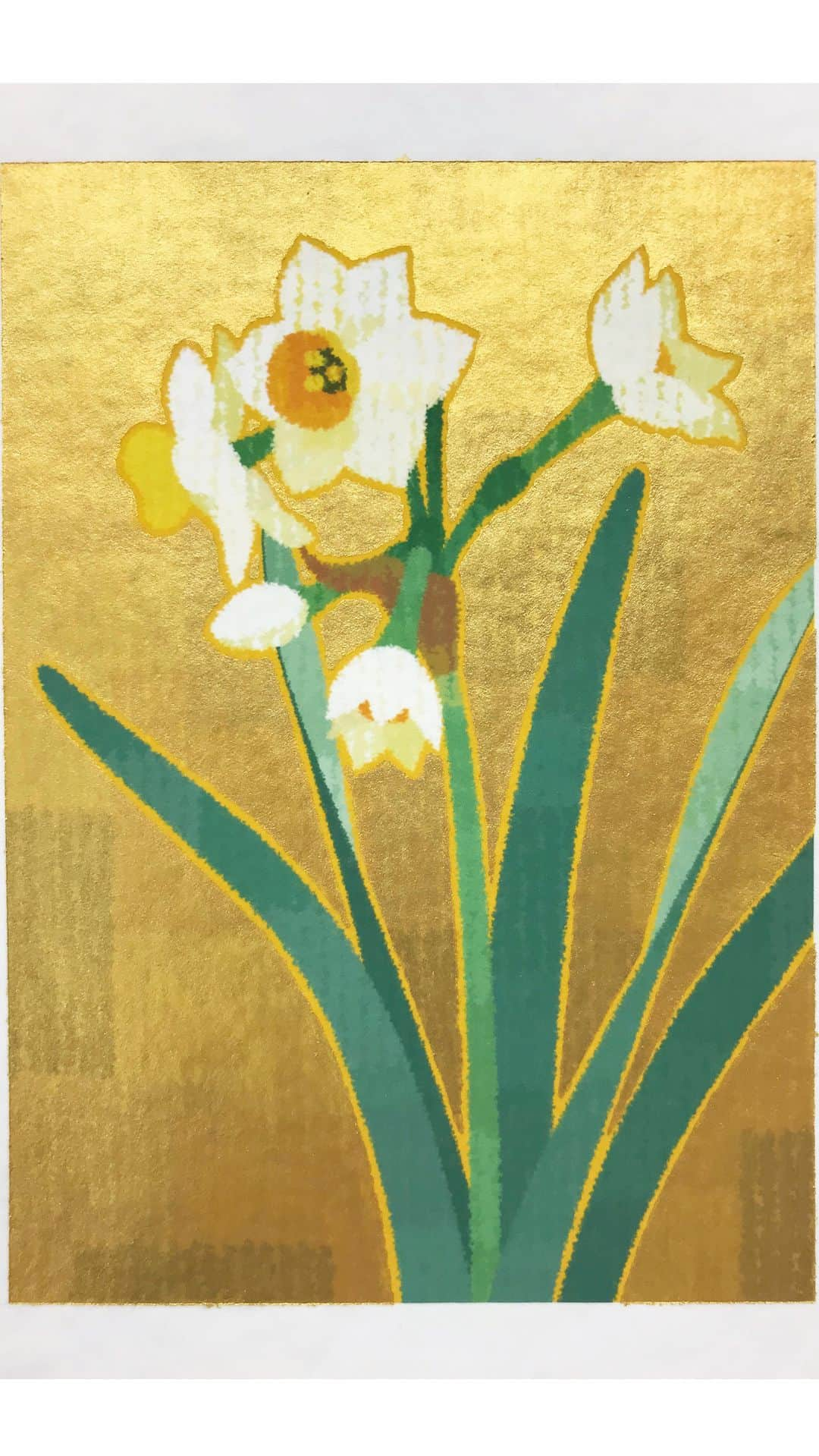 藤谷壮仁郎のインスタグラム：「jonquil painting mixed media art ・ミクストメディア（ジークレー版画に手描きで金色を彩色） ・ ・ ・ @soujirou_art  #自然 #水仙 #スイセン #花 #藤谷壮仁郎 #イラスト #絵画 #ミクストメディア #金彩 #nature #jonquil #narcissus #soujirou #art #artist #painter #painting #picture #illustration #flowerart #mixedmedia #mixedmediaart #artwork #instaart」