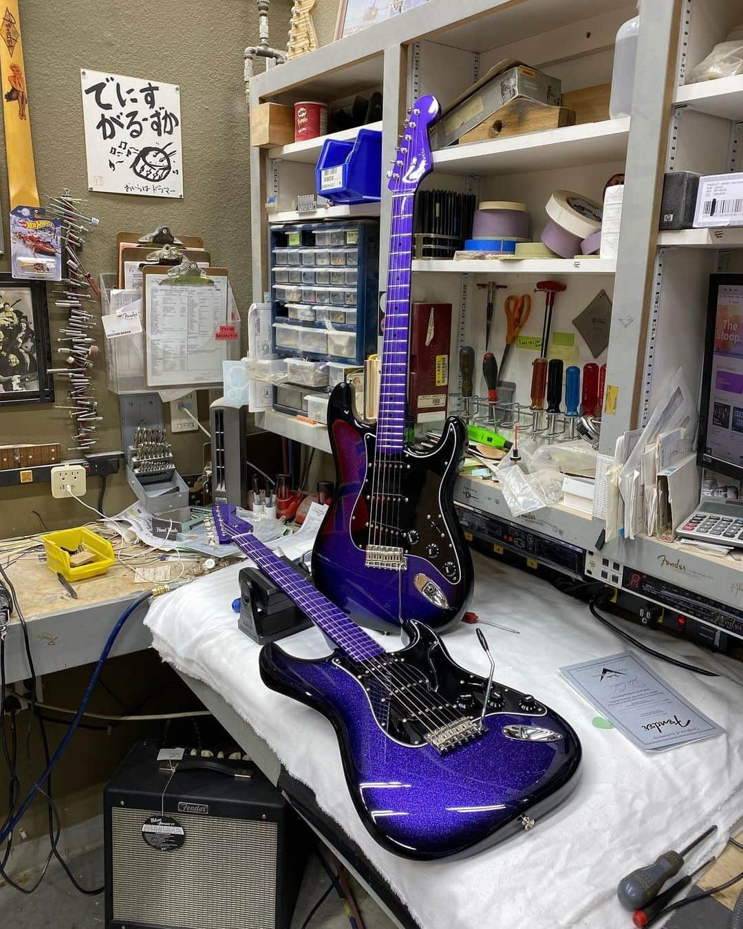 Fender Guitarのインスタグラム：「It's finally #Straturday! Celebrate with a pair of glittering Purple Strats from @dennisfendercustom in the @fendercustomshop. What would you play on these?」