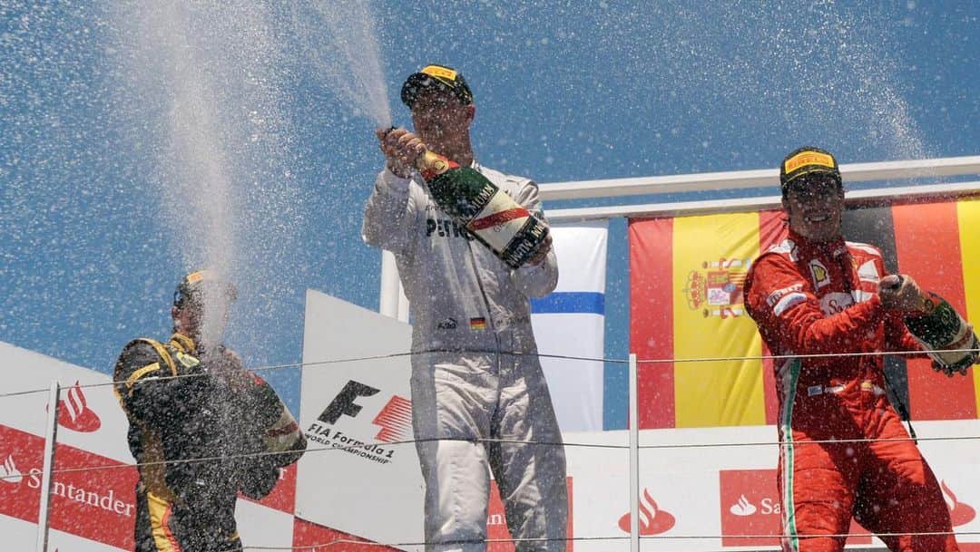 ミハエル・シューマッハのインスタグラム：「Last year racing, last time spraying champagne, last podium, last F1 race in Valencia – Michael finishes the European GP on 3rd position #OTD 2012   @mercedesamgf1 @f1 #KeepFighting #TeamMSC   Pics: AFP / Wolfgang Wilhelm」