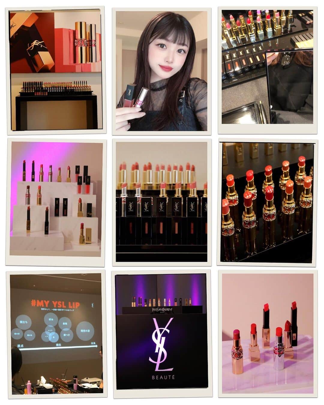 美月リカのインスタグラム：「@yslbeauty   少し前ですがイブサンローランのLIP EXCLUSIVE SALONにご招待いただき、100種を超えるリップから本当に自分に似合うカラーやリップをYSLナショナルメイクアップアーティストの方に選んでいただきました💄  今回セレクトしたのはベルベットクリームの212番とキャンディグレーズ8番の2本。わたしはYSLのリップが大好きでどのシリーズも愛用してます😊  #yslbeauty #myysllip」