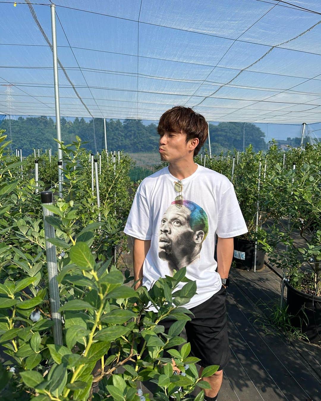 中尾明慶のインスタグラム：「ロッドマンとブルーベリー摘んできました。 勿論隣にはロッドマンみたいな髪の色した人もいました。」