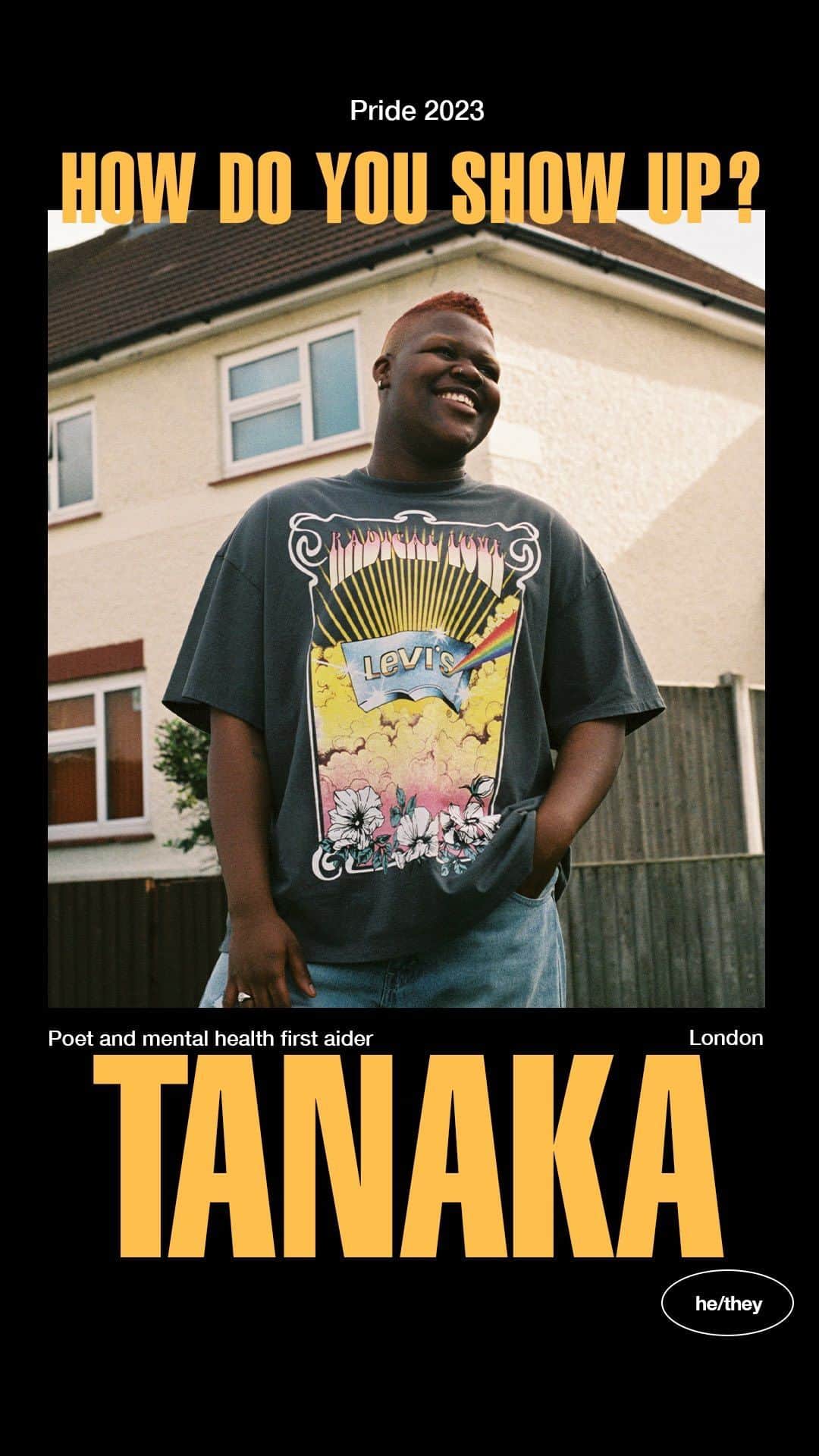 Levi’sのインスタグラム：「“Judgment is easy to give because it’s free. Compassion we make people pay for when it should be free.” —Tanaka, poet and mental health first aider in London.  Visit stories or link in bio to hear more about how Tanaka shows up. #LevisPride  📸: @analoguepapi」